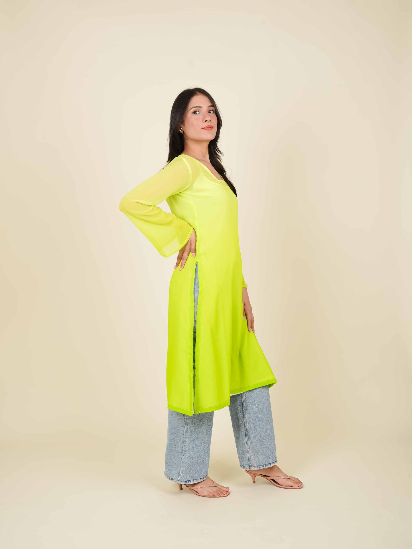 MONOMEE EVELINA NEON GREEN OMBRE KURTA WITH SLIP