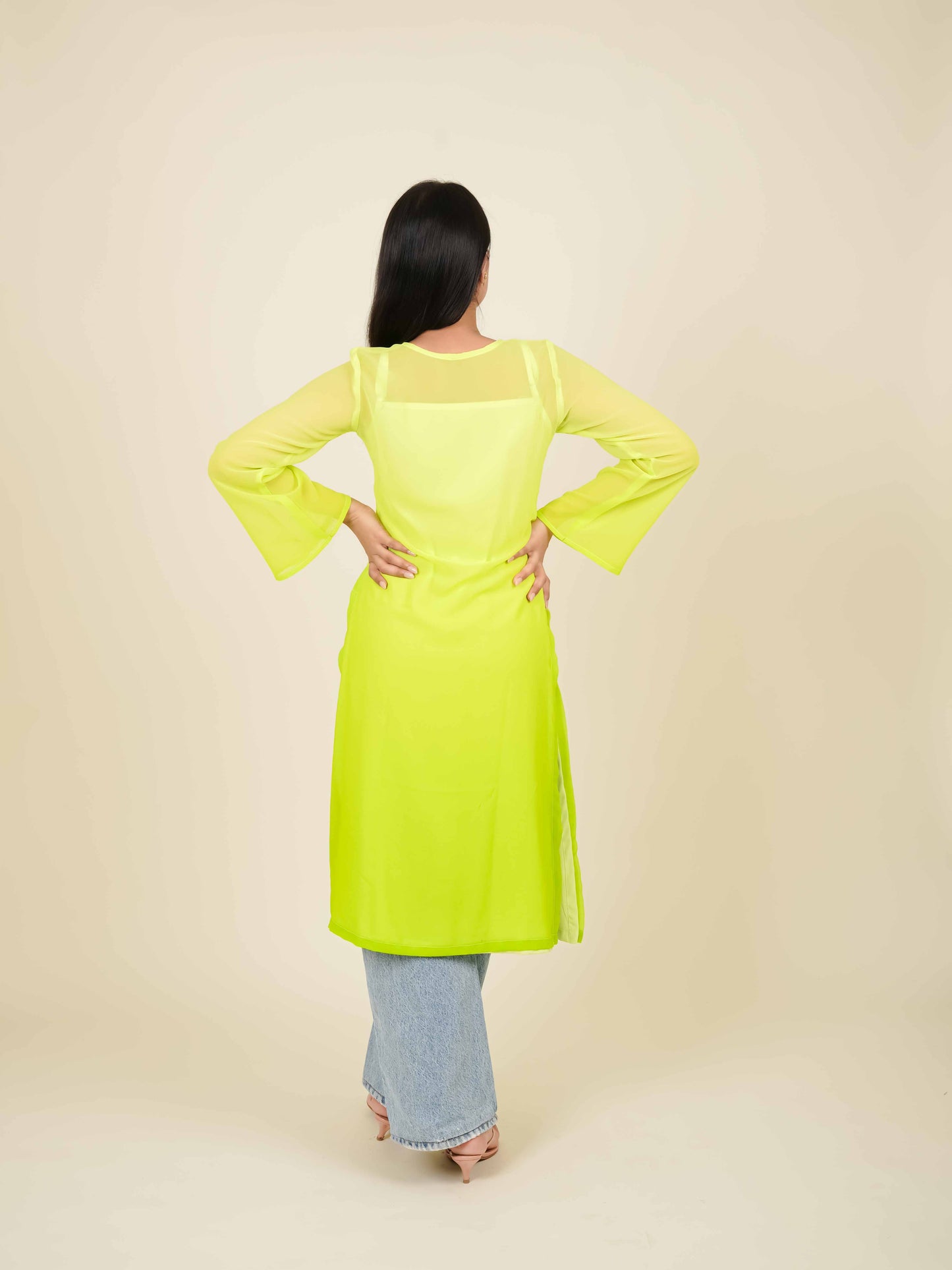 MONOMEE EVELINA NEON GREEN OMBRE KURTA WITH SLIP