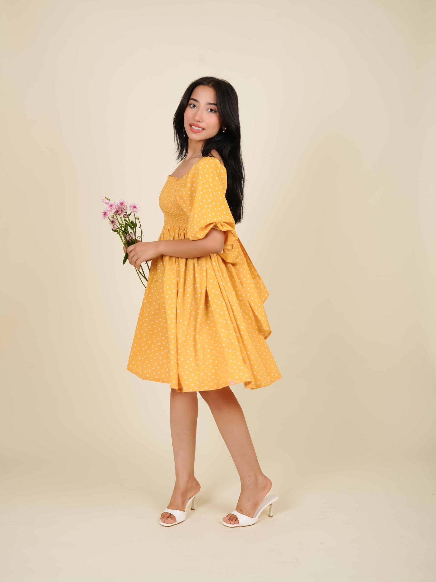 MONOMEE BLOOM YELLOW POLKA DOT MINI DRESS