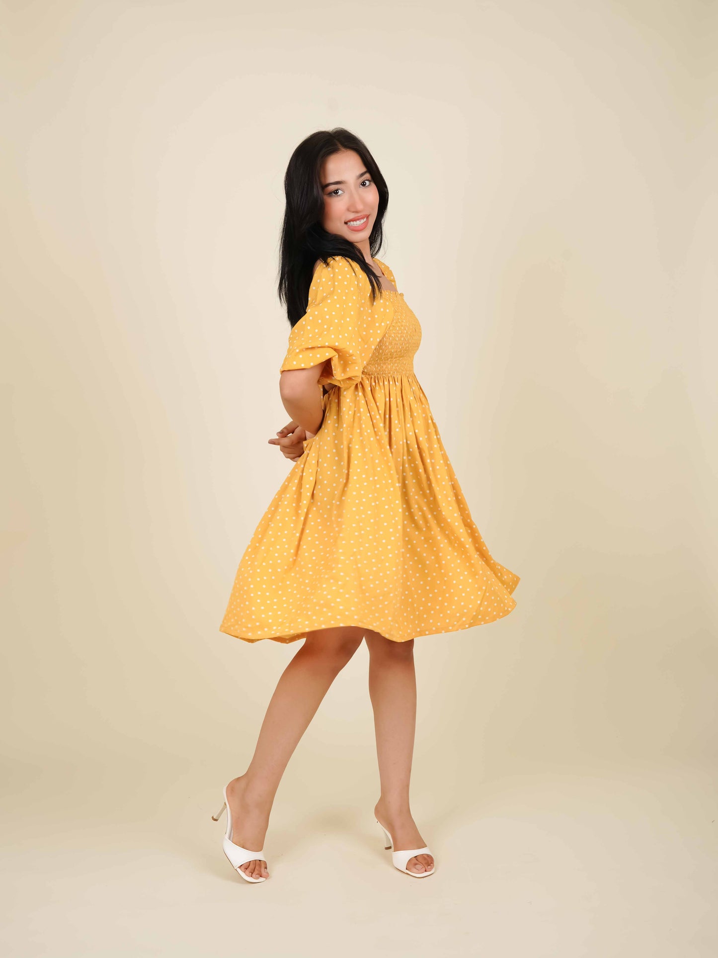 MONOMEE BLOOM YELLOW POLKA DOT MINI DRESS