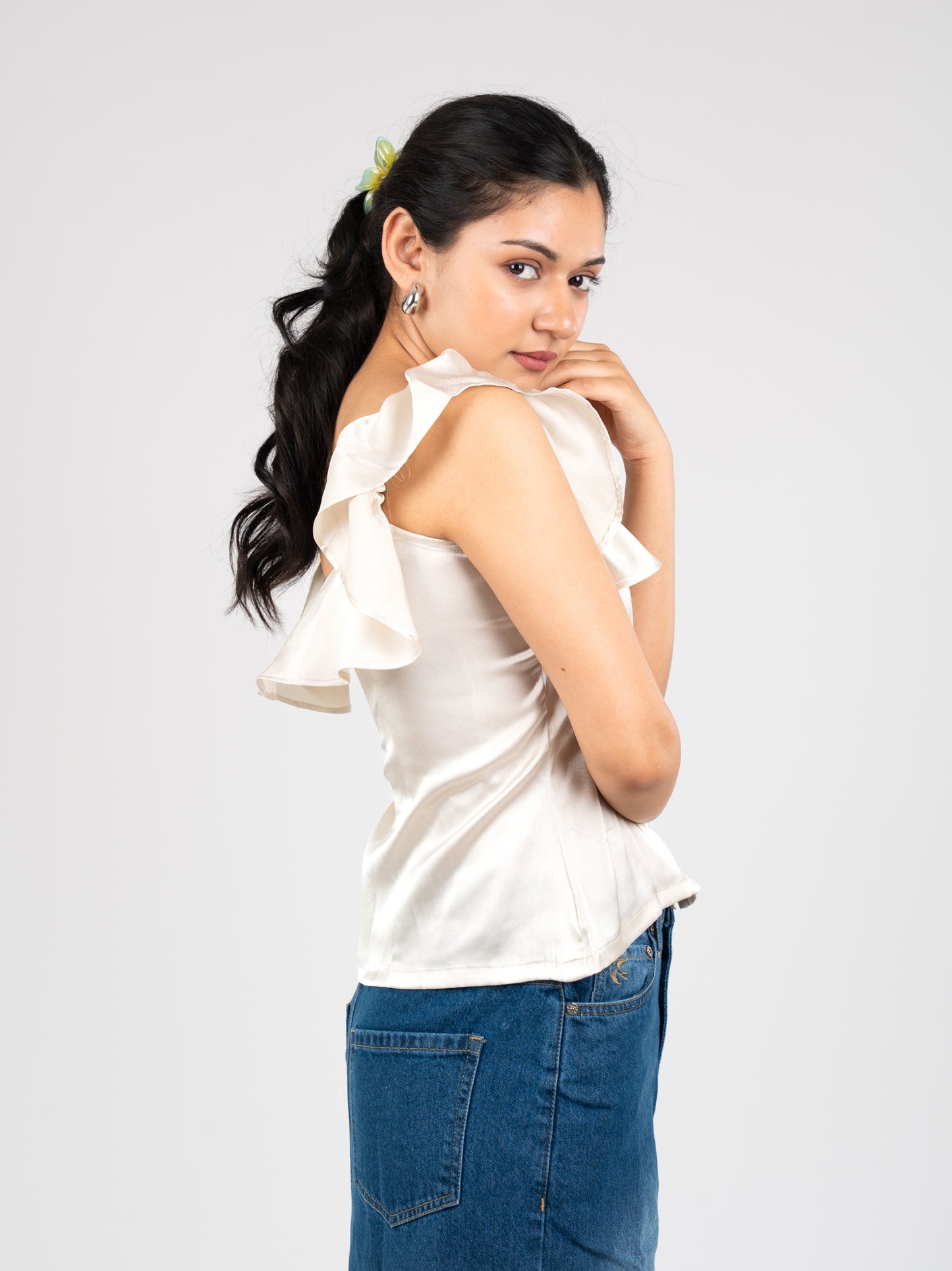 MONOMEE PARIS PEARL BUTTON SATIN TOP