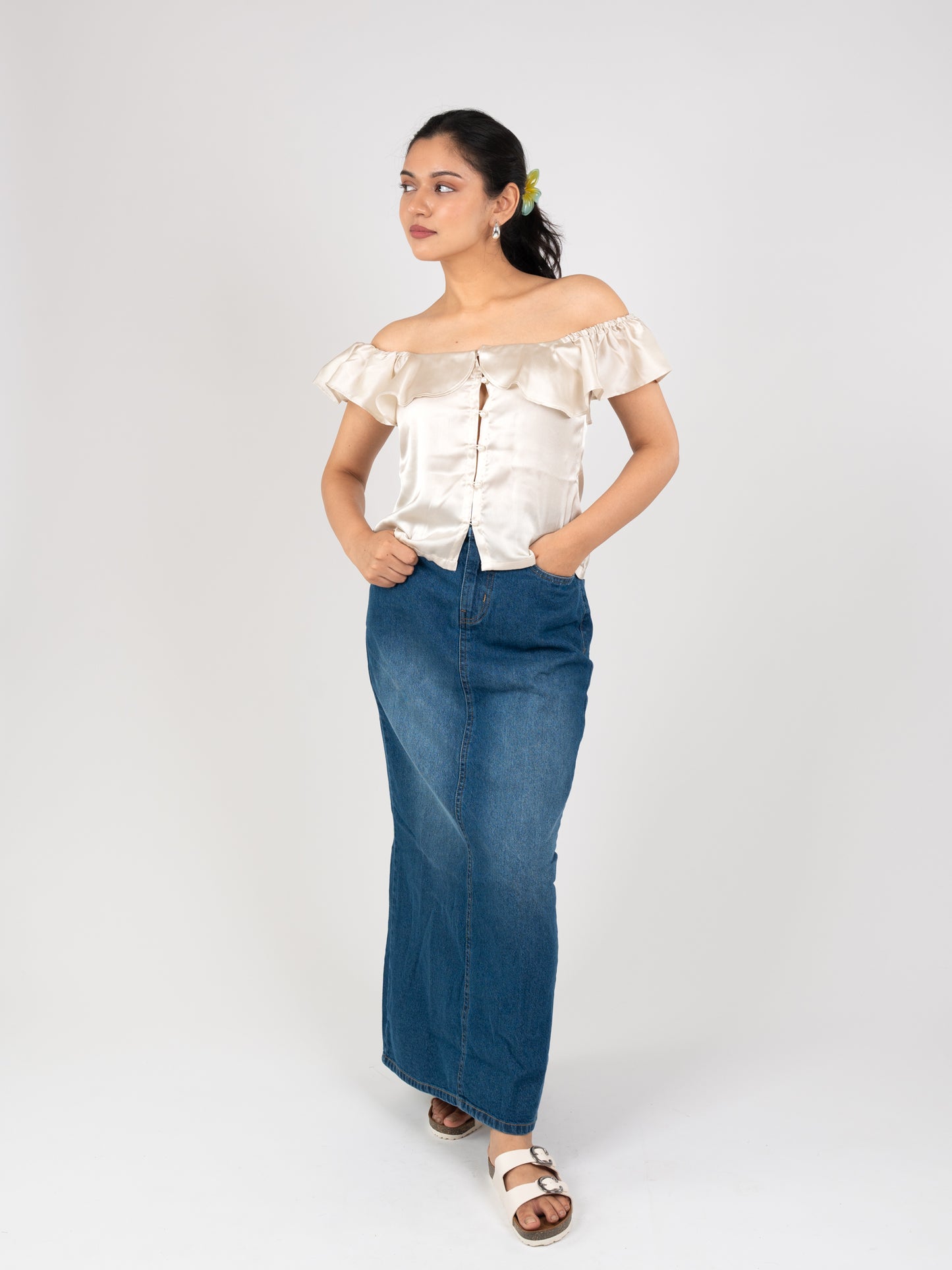 MONOMEE PARIS PEARL BUTTON SATIN TOP