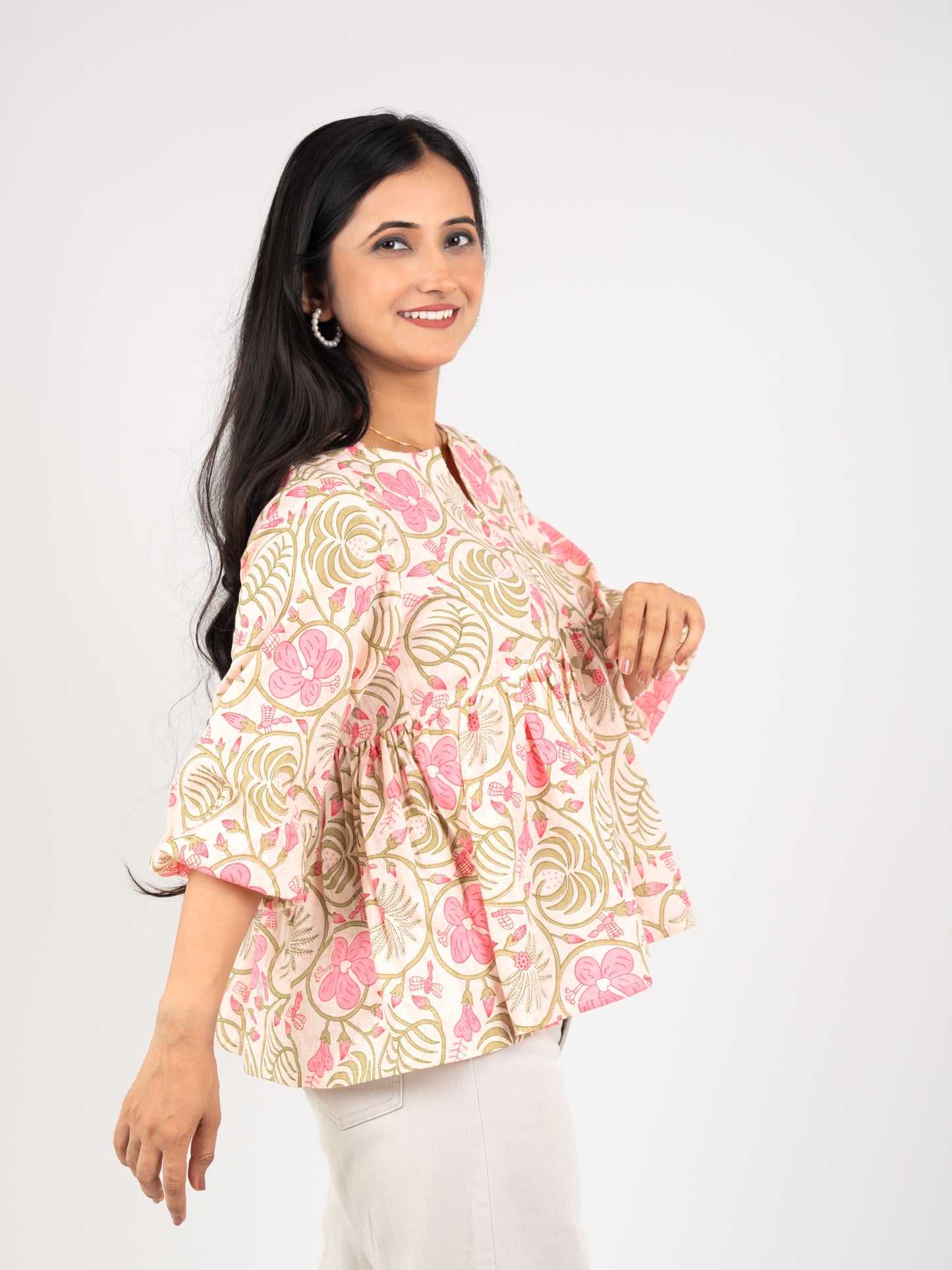 MONOMEE IMARA PINK FLORAL PEPLUM TOP