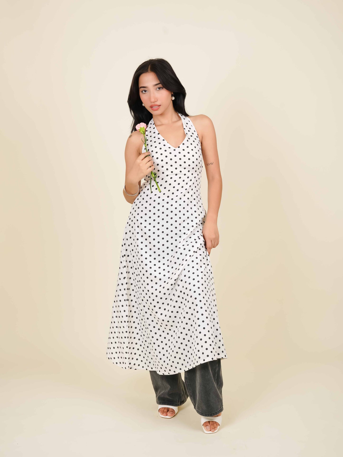 MONOMEE ATHENA WHITE POLKA DOT HALTER NECK DRESS