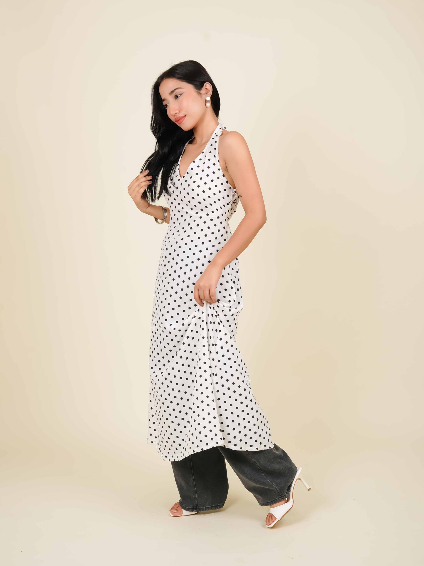 MONOMEE ATHENA WHITE POLKA DOT HALTER NECK DRESS