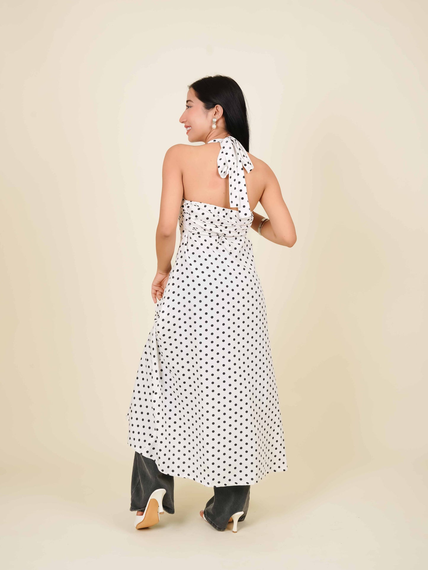 MONOMEE ATHENA WHITE POLKA DOT HALTER NECK DRESS