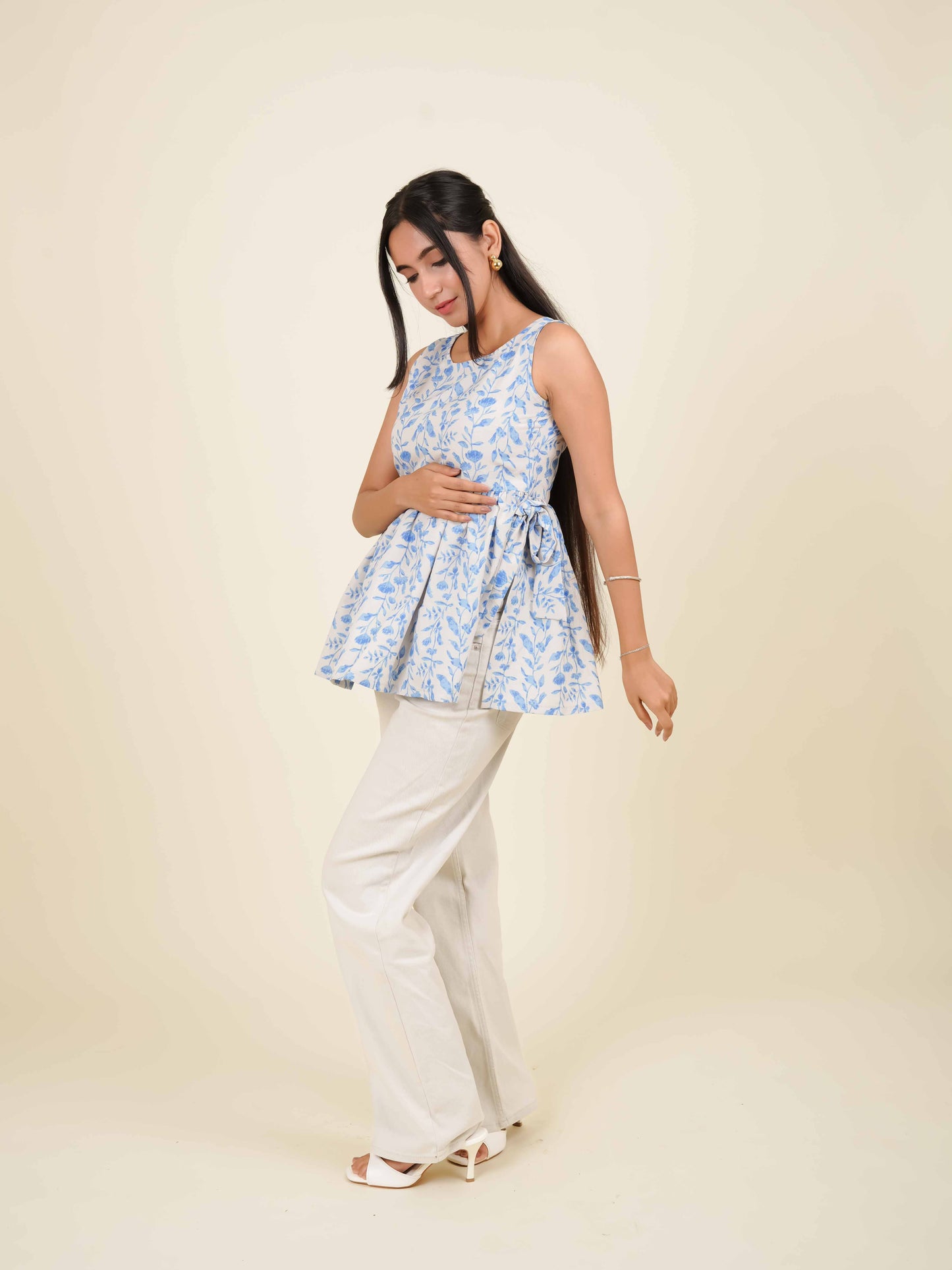 MONOMEE SAMAH BLUE FLORAL BOW TIE SHORT KURTI