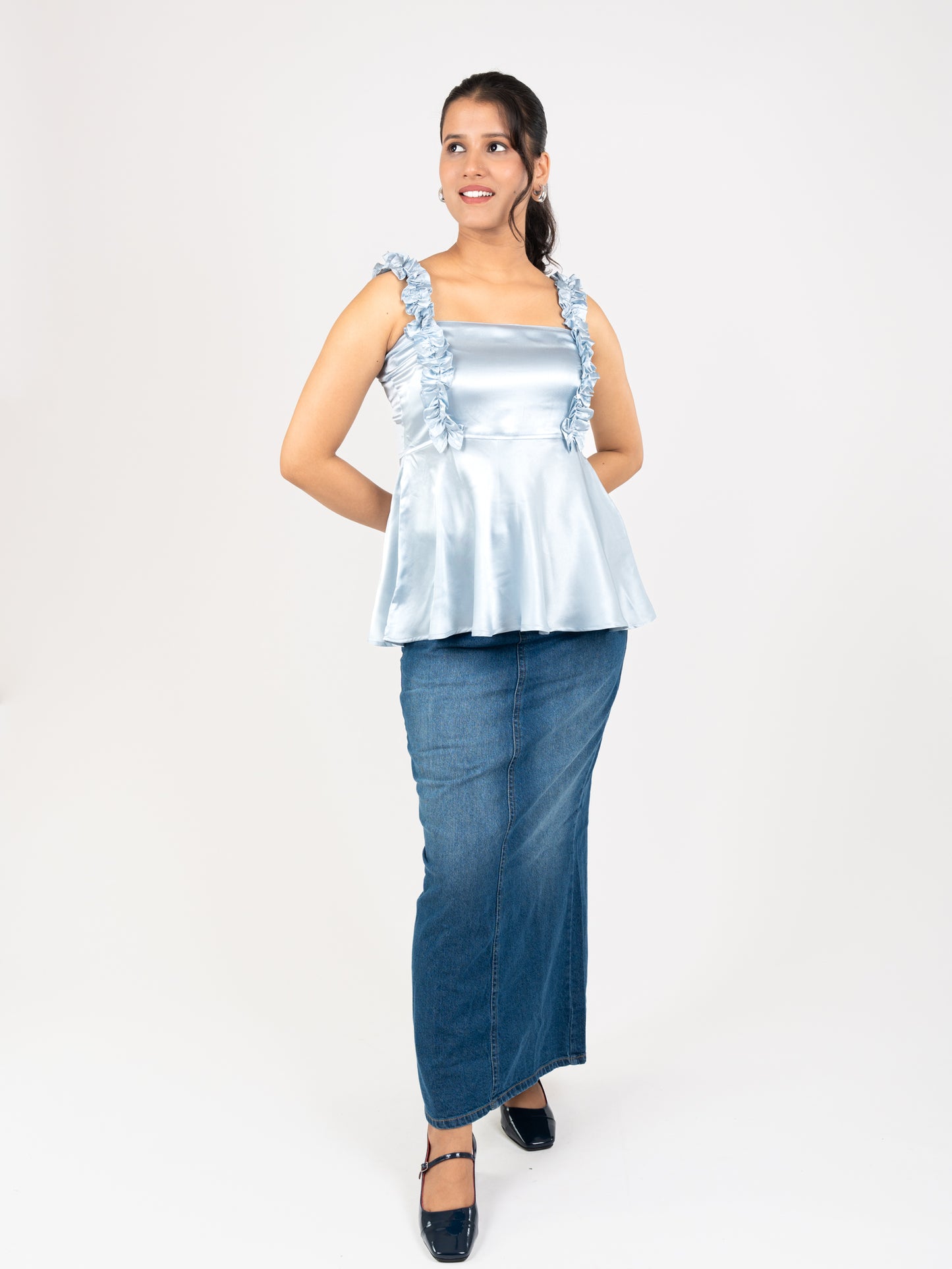 MONOMEE LILIBET ICE BLUE SATIN TOP
