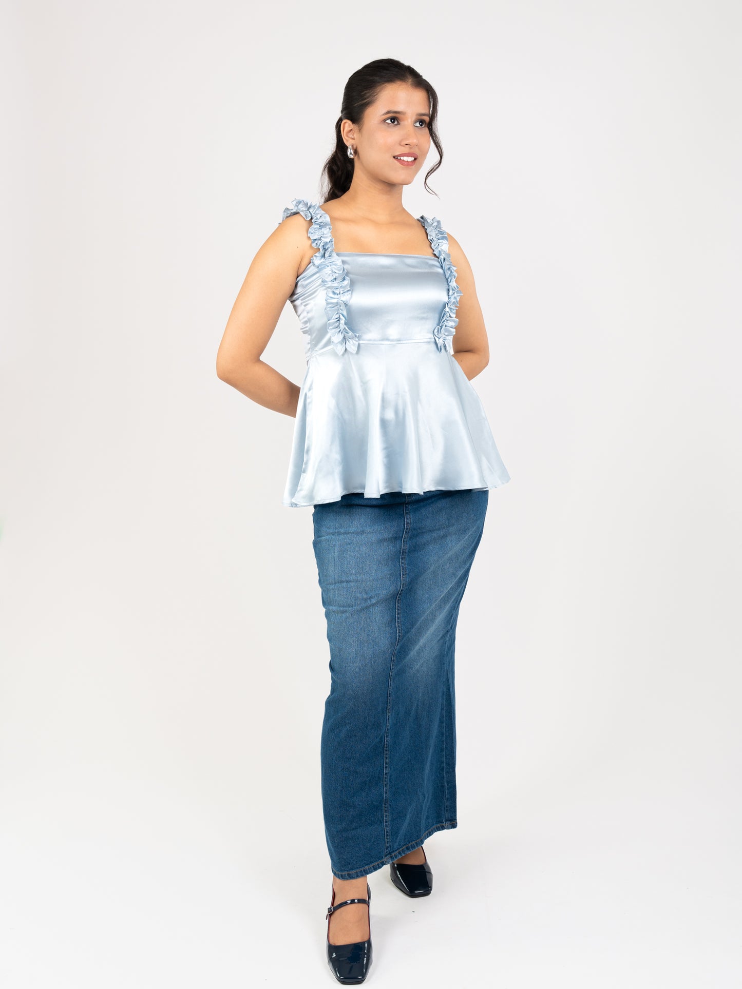MONOMEE LILIBET ICE BLUE SATIN TOP