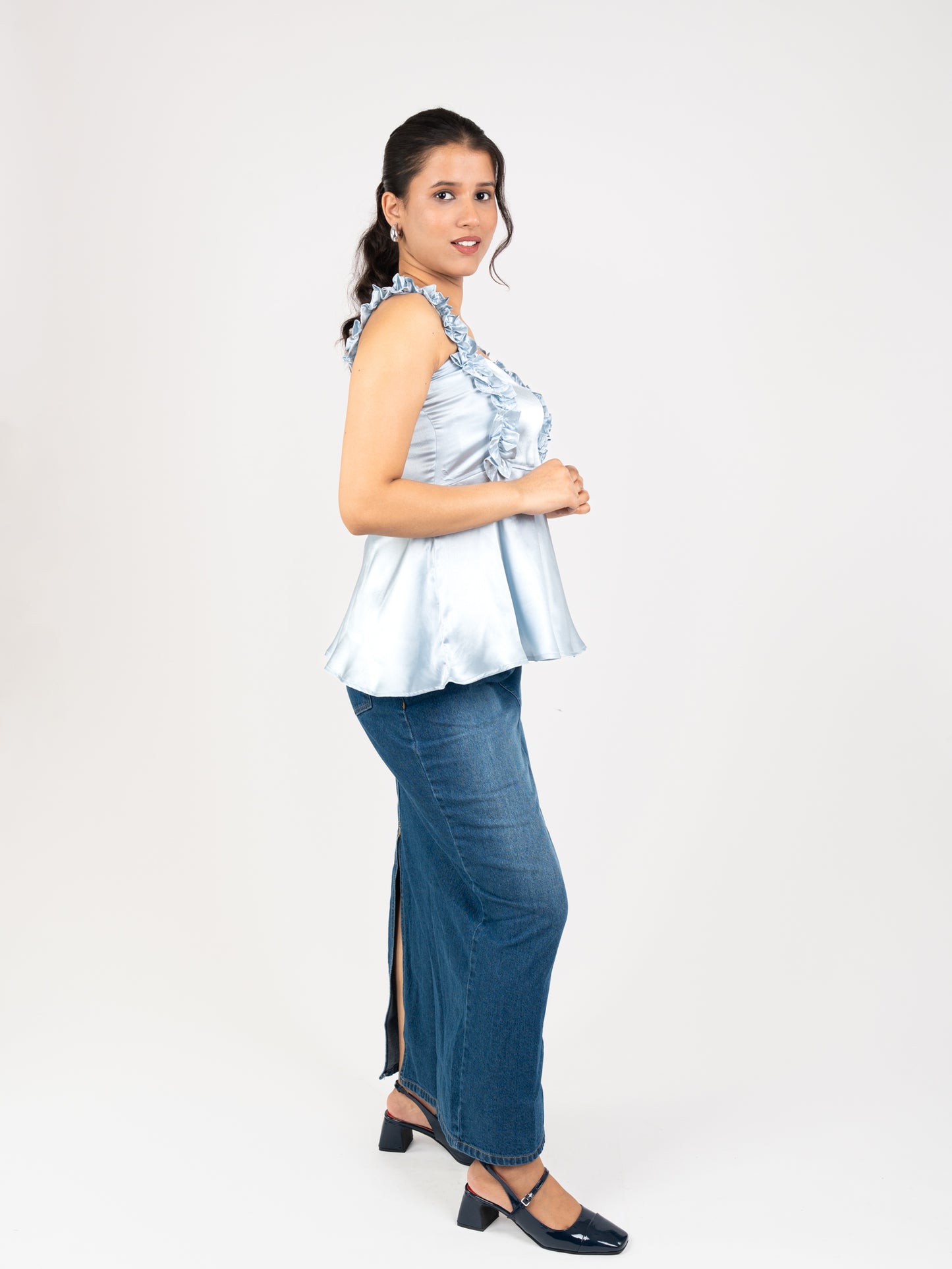 MONOMEE LILIBET ICE BLUE SATIN TOP