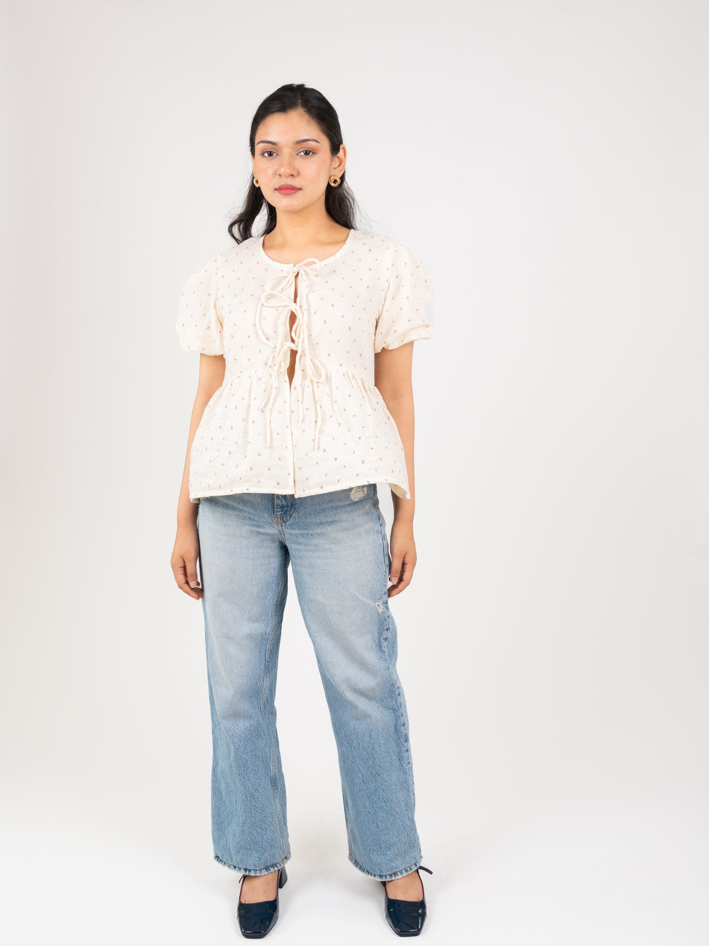 MONOMEE ALINA FRONT BOW TIE PLACKET FLORAL PRINTED COTTON TOP