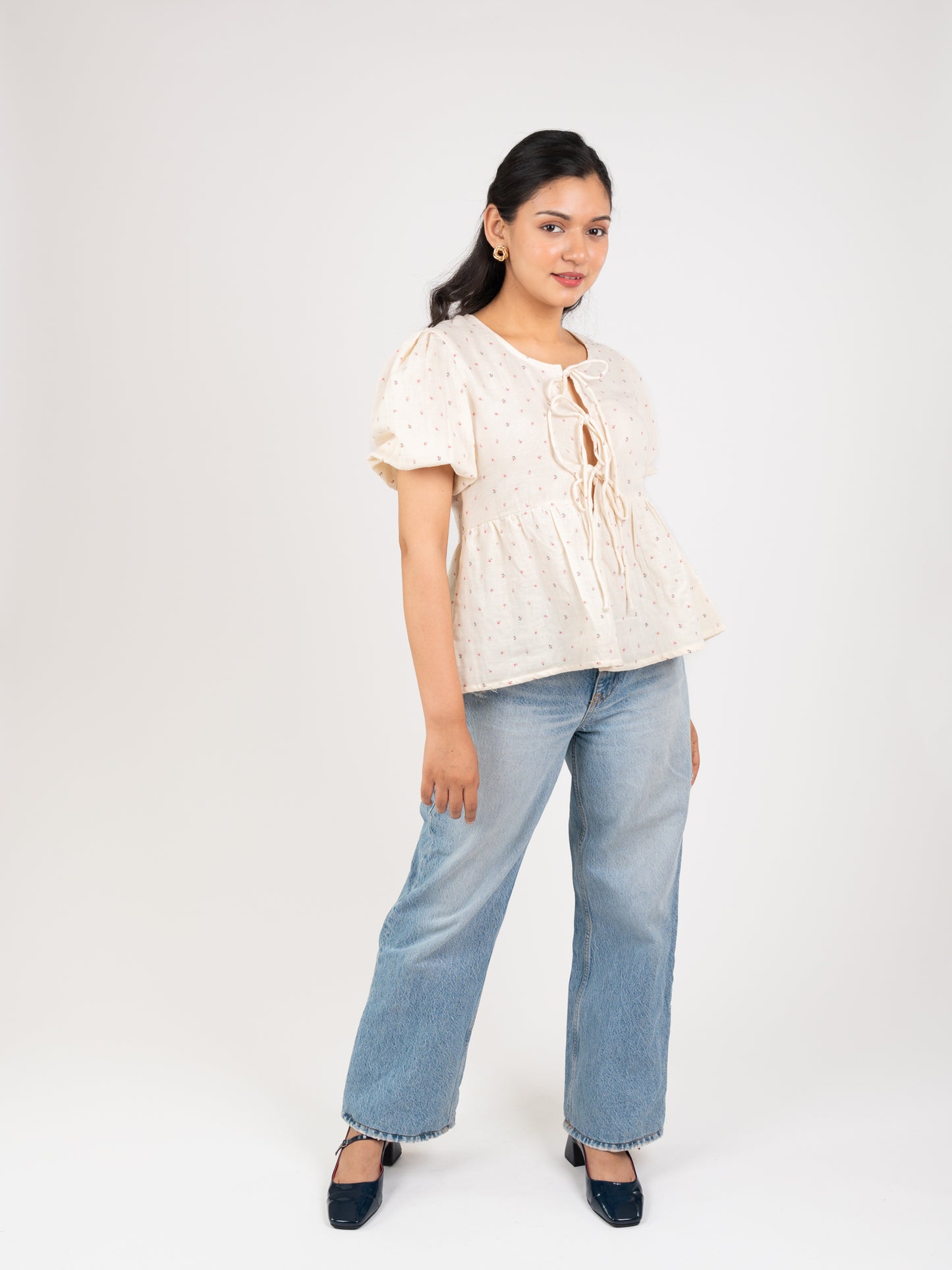 MONOMEE ALINA FRONT BOW TIE PLACKET FLORAL PRINTED COTTON TOP