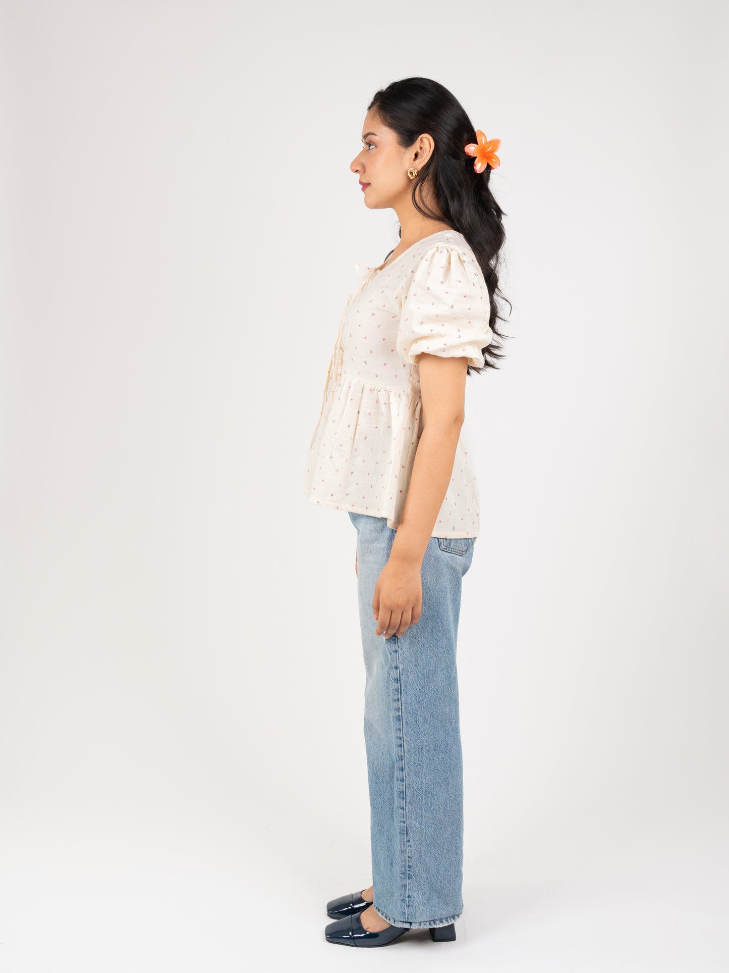 MONOMEE ALINA FRONT BOW TIE PLACKET FLORAL PRINTED COTTON TOP