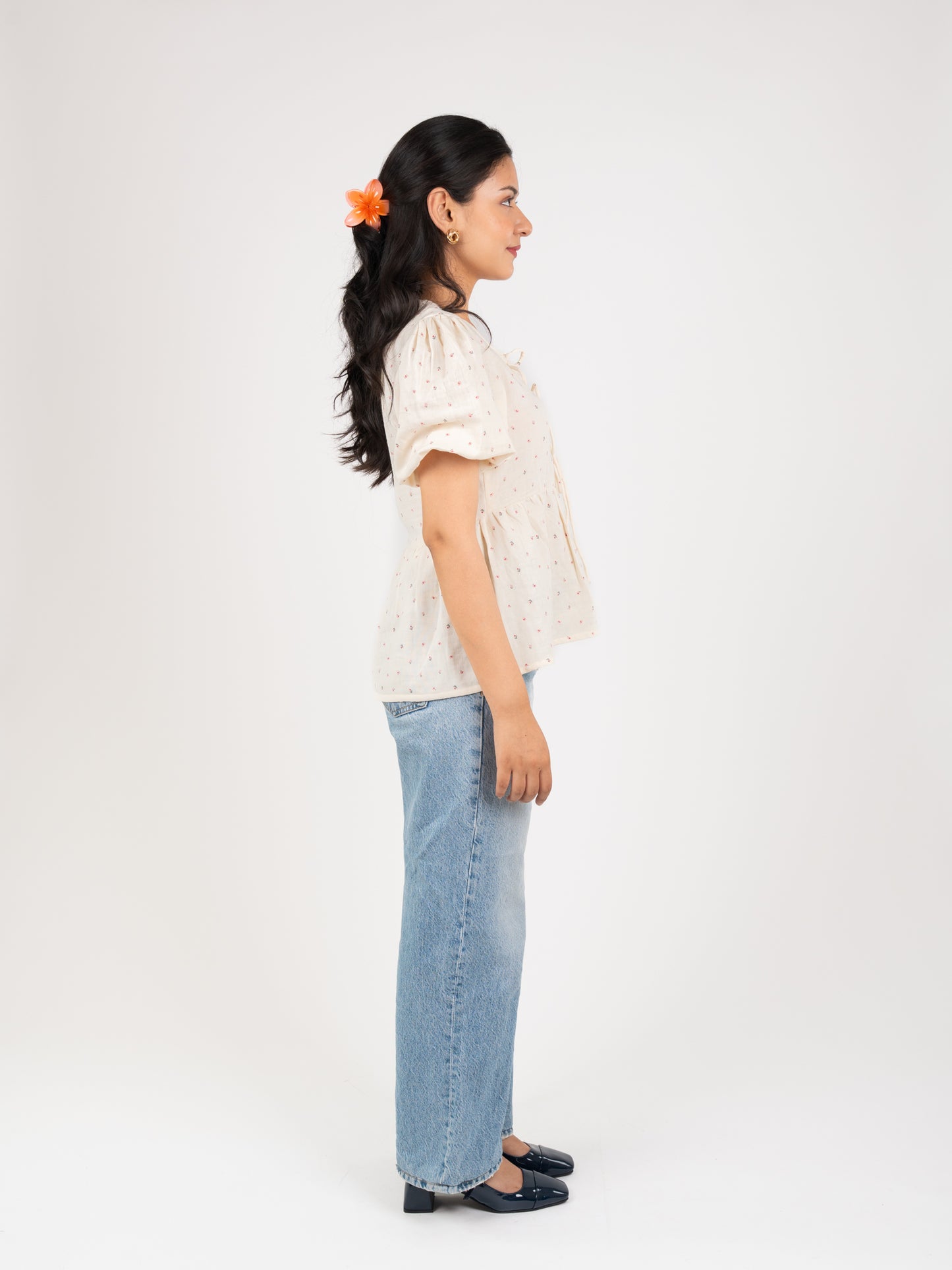 MONOMEE ALINA FRONT BOW TIE PLACKET FLORAL PRINTED COTTON TOP