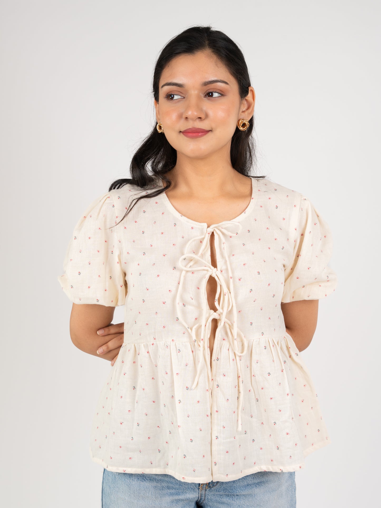 MONOMEE ALINA FRONT BOW TIE PLACKET FLORAL PRINTED COTTON TOP