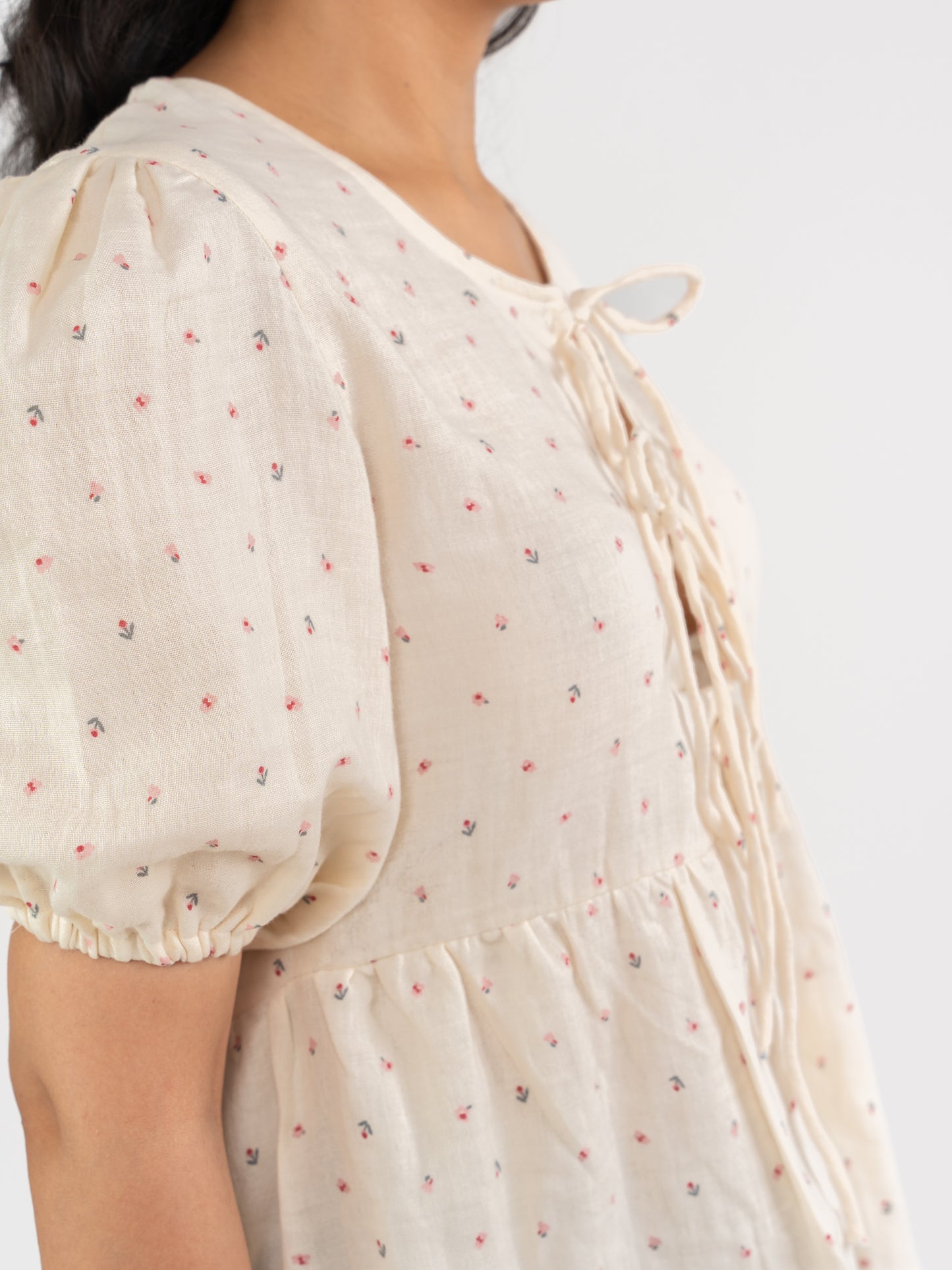 MONOMEE ALINA FRONT BOW TIE PLACKET FLORAL PRINTED COTTON TOP