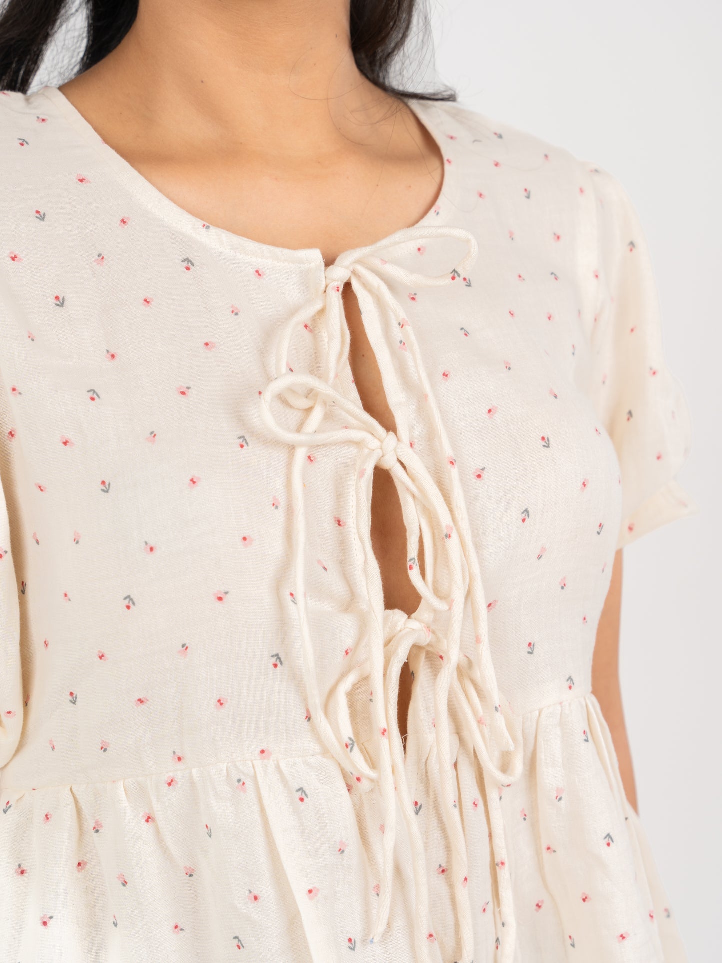 MONOMEE ALINA FRONT BOW TIE PLACKET FLORAL PRINTED COTTON TOP