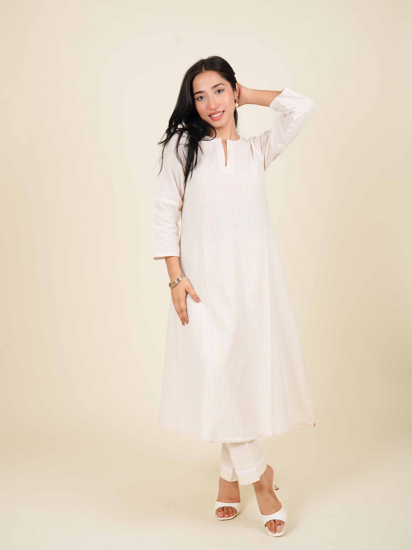 MONOMEE ALOURA BEIGE STRIPE A-LINE KURTA