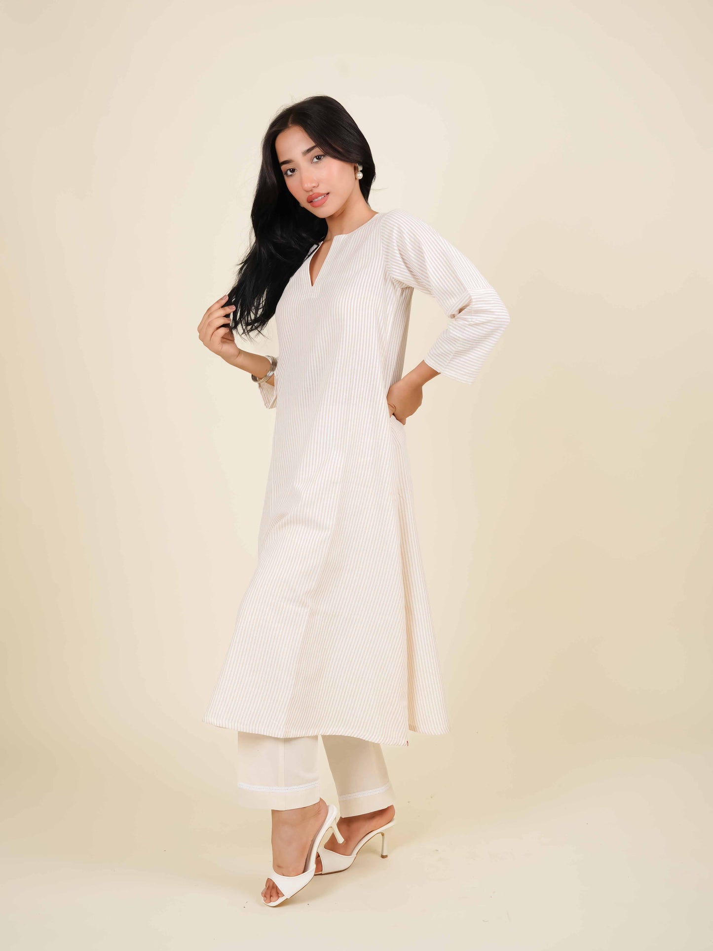 MONOMEE ALOURA BEIGE STRIPE A-LINE KURTA