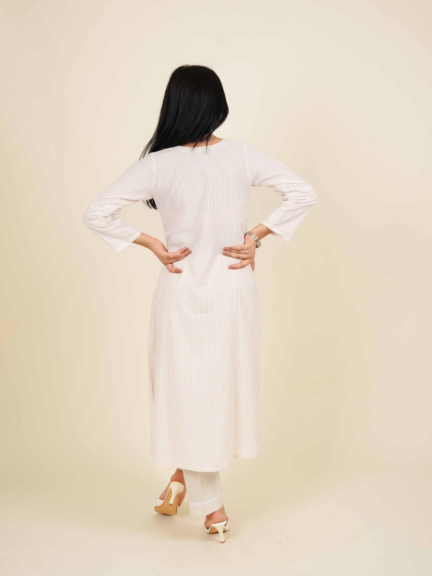 MONOMEE ALOURA BEIGE STRIPE A-LINE KURTA