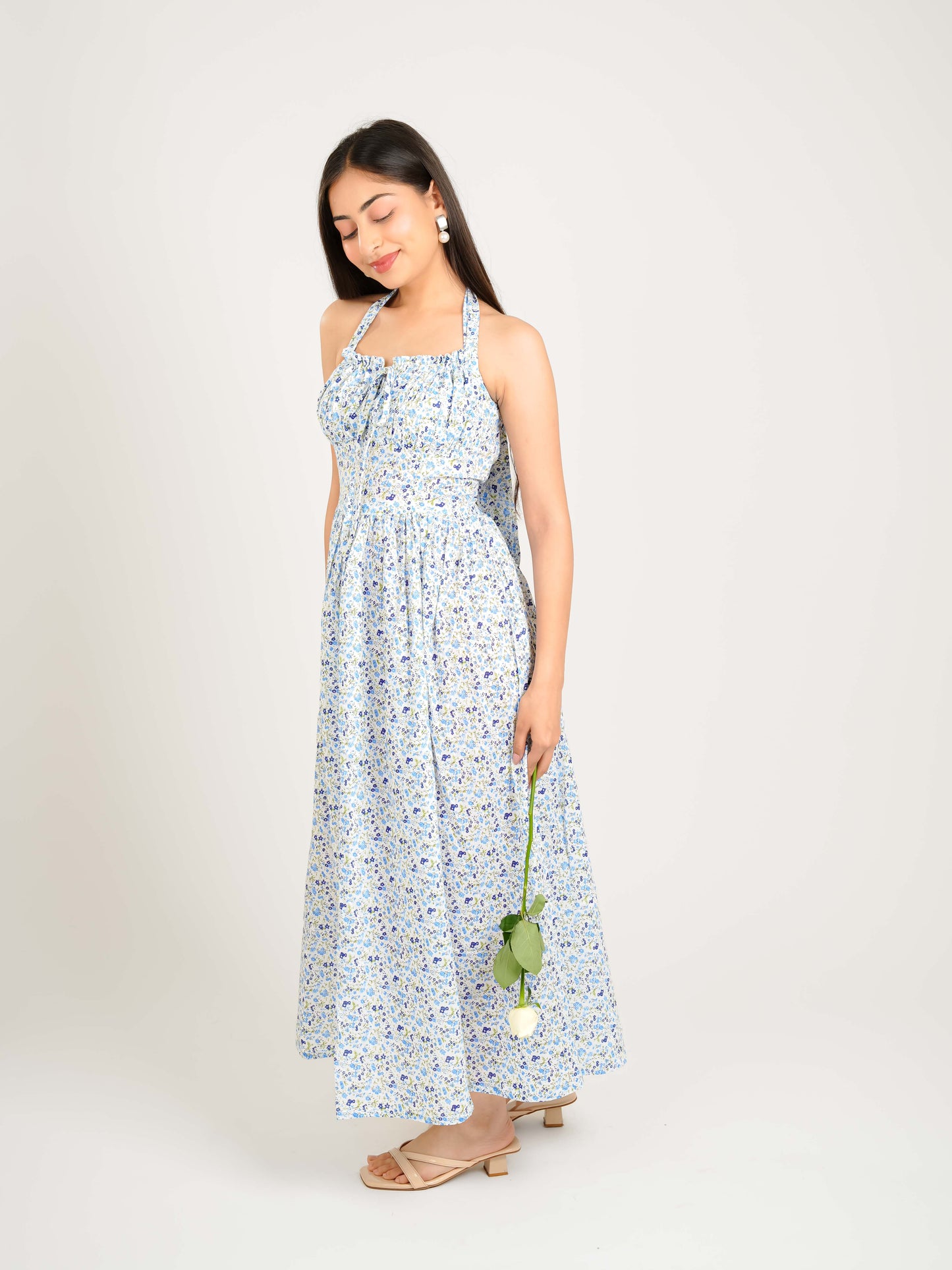 MONOMEE SOLAINE BLUE FLORAL HALTER MIDI DRESS