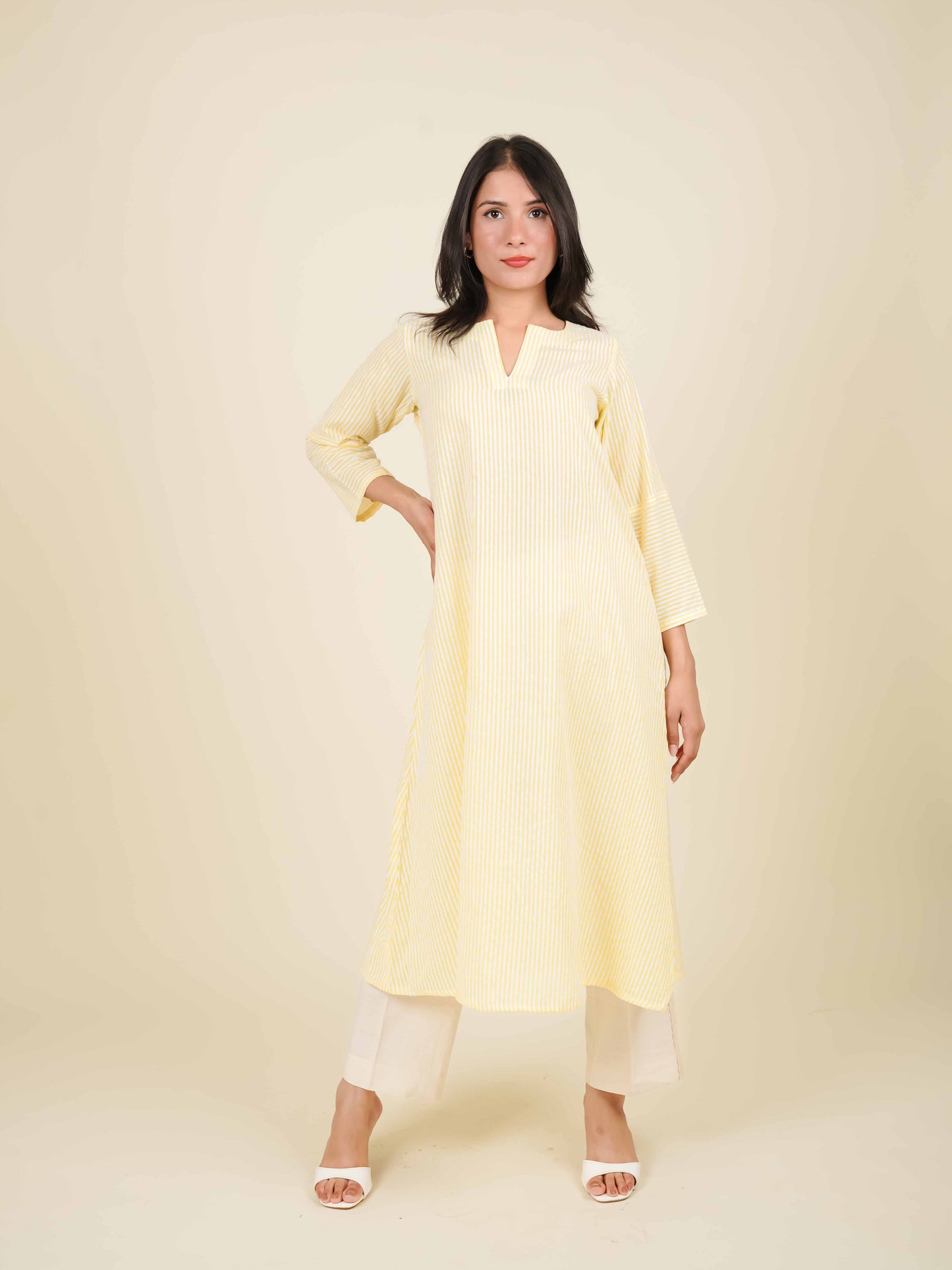 MONOMEE AZIZA YELLOW STRIPE A-LINE KURTA