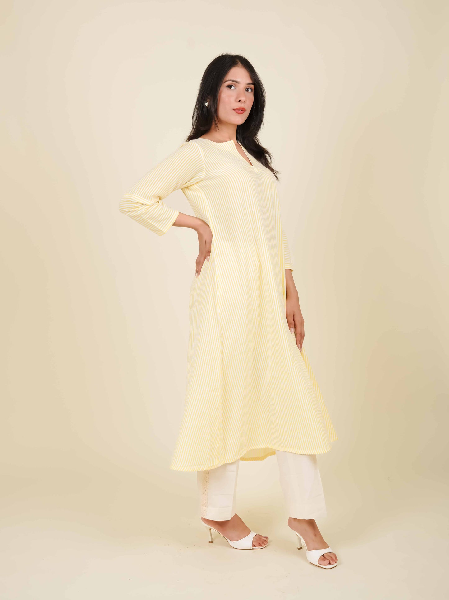 MONOMEE AZIZA YELLOW STRIPE A-LINE KURTA