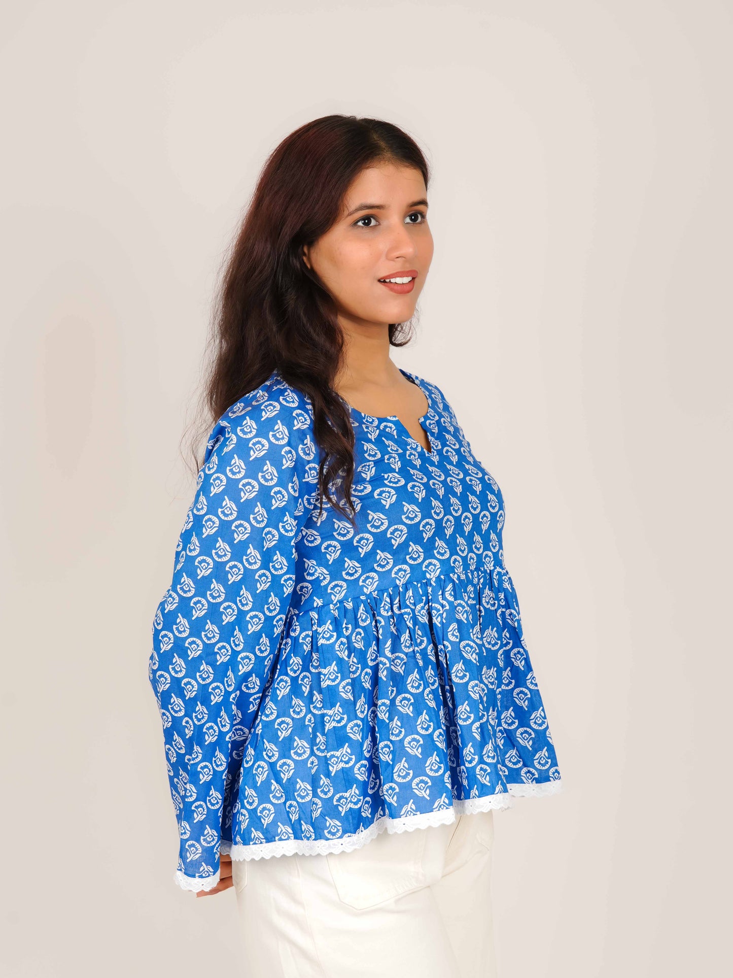 MONOMEE LEA INDIGO LACE BELL SLEEVE SHORT KURTI