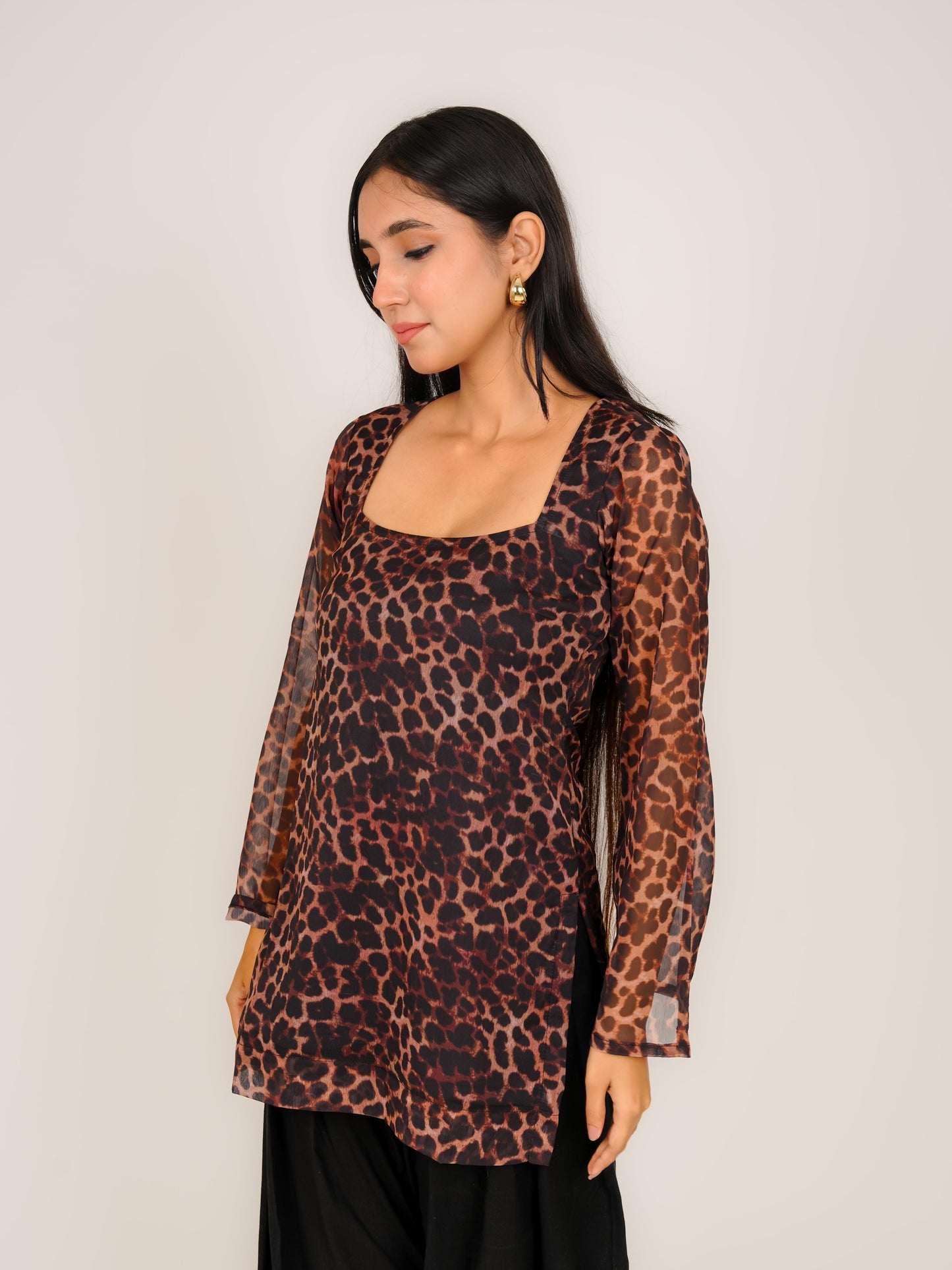 MONOMEE INAAYA LEOPARD PRINT BELL SLEEVE KURTI