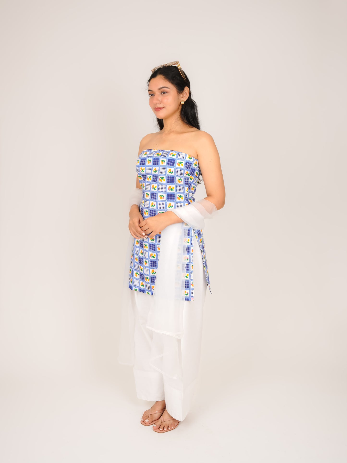 ISHIRA BLUE GINGHAM FARSHI SALWAR SUIT SET WITH DUPATTA