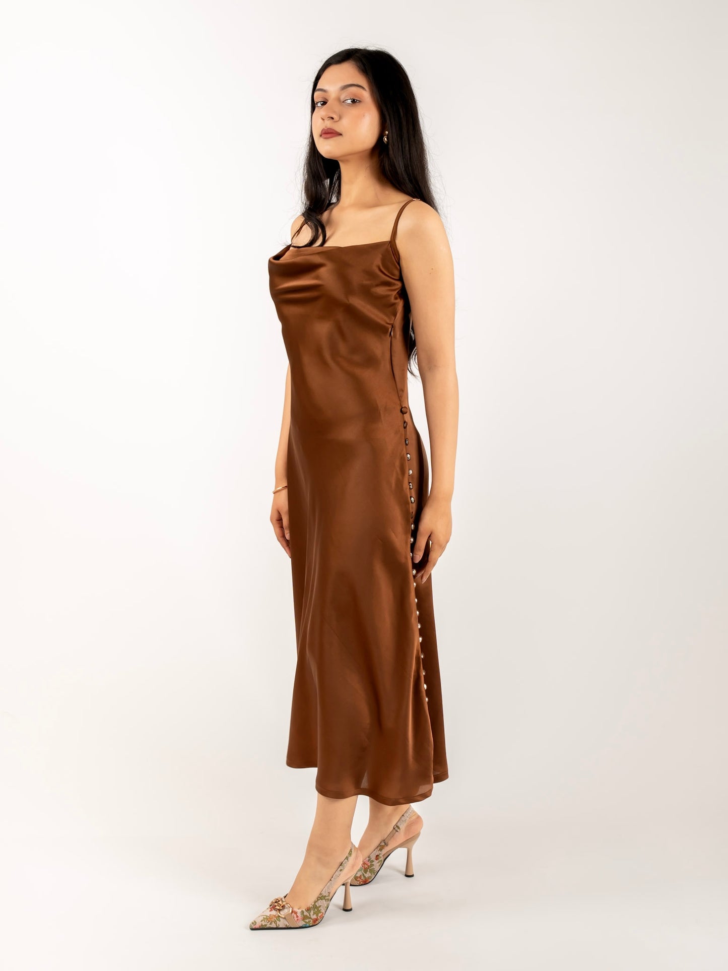 MONOMEE THERESE BROWN SATIN SLIP DRESS