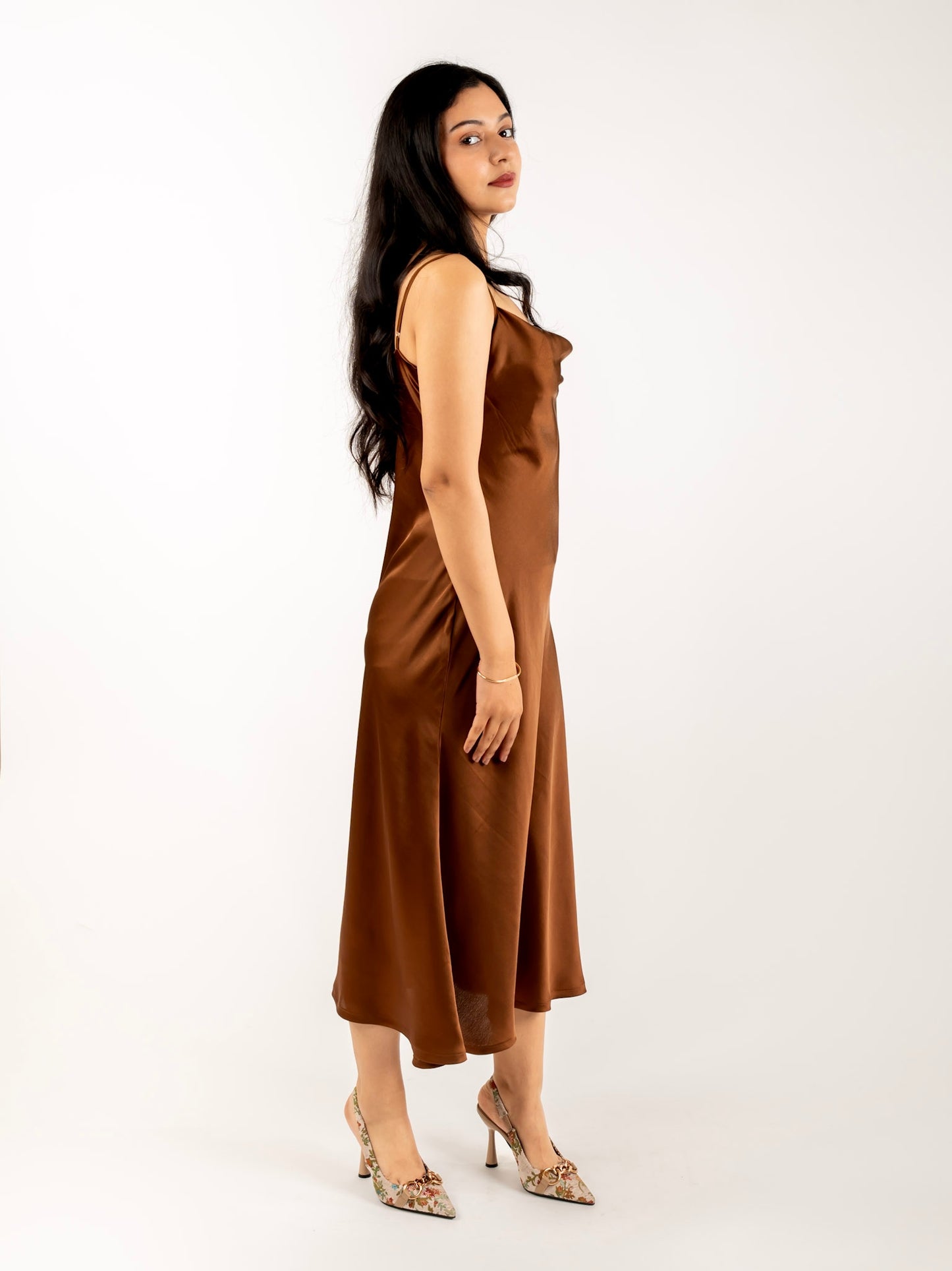 MONOMEE THERESE BROWN SATIN SLIP DRESS