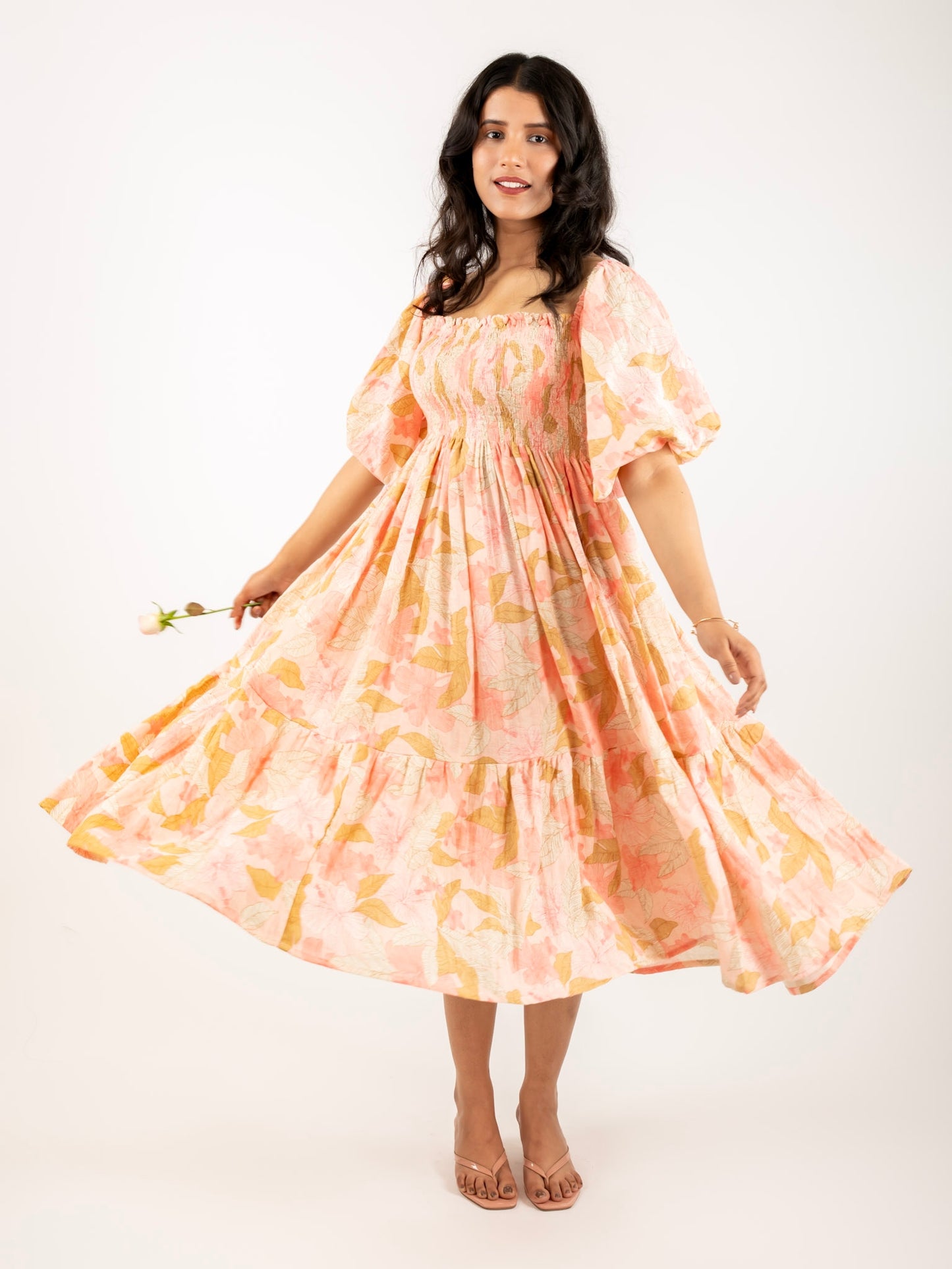 MONOMEE HALLIE FLORAL PUFF SLEEVE COTTON DRESS