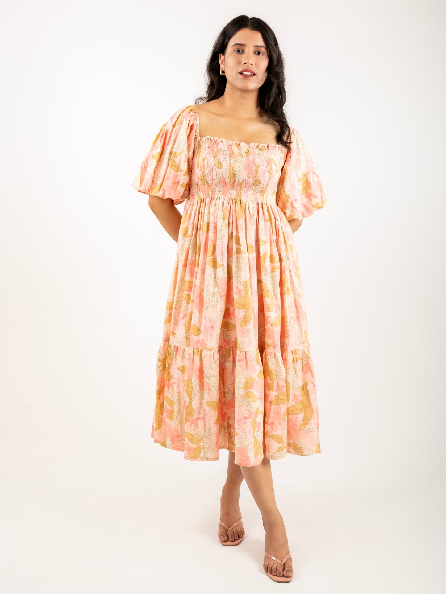 MONOMEE HALLIE FLORAL PUFF SLEEVE COTTON DRESS