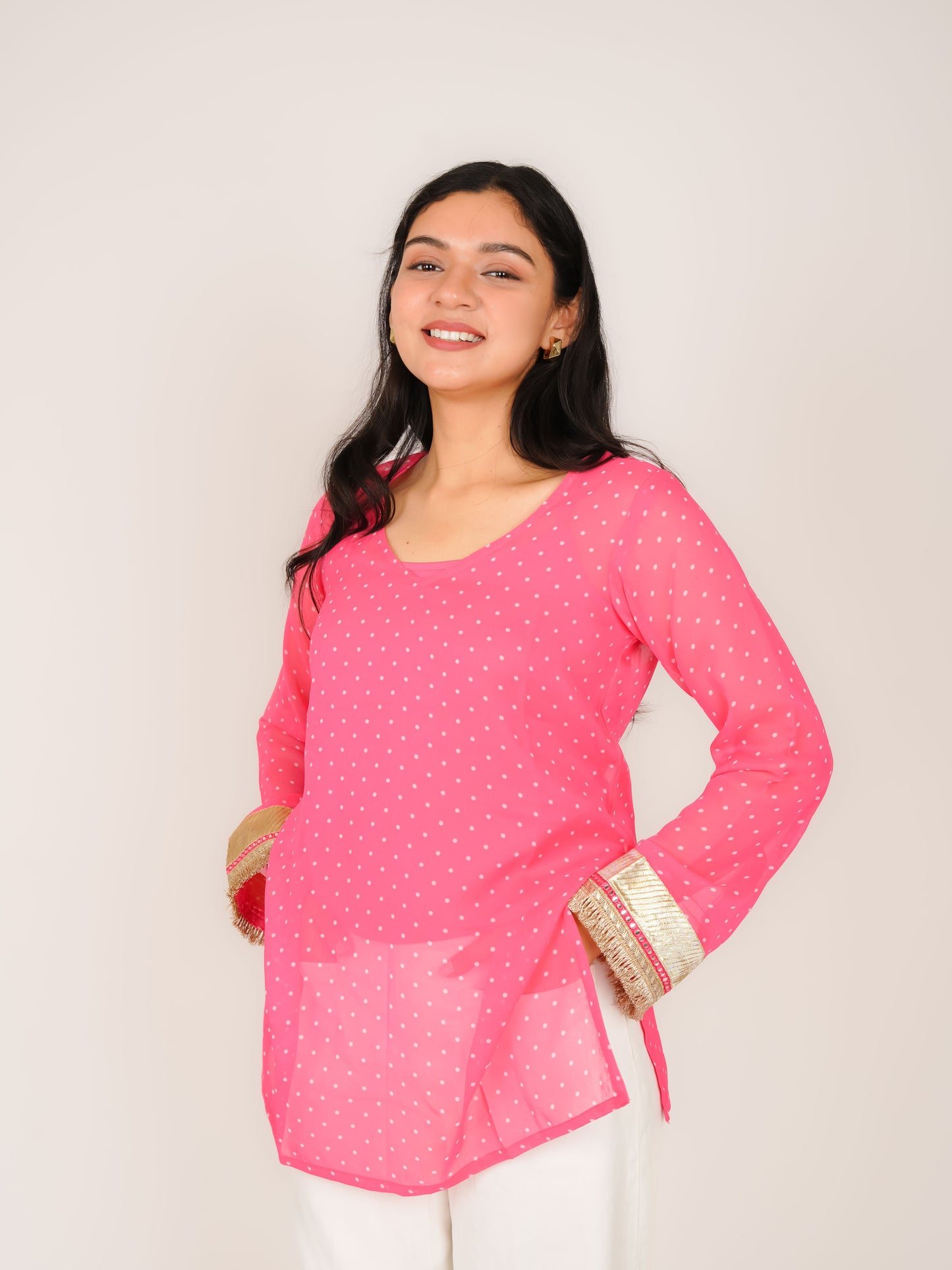 MONOMEE AVNI PINK POLKA DOT SHORT KURTI WITH CREPE SLIP