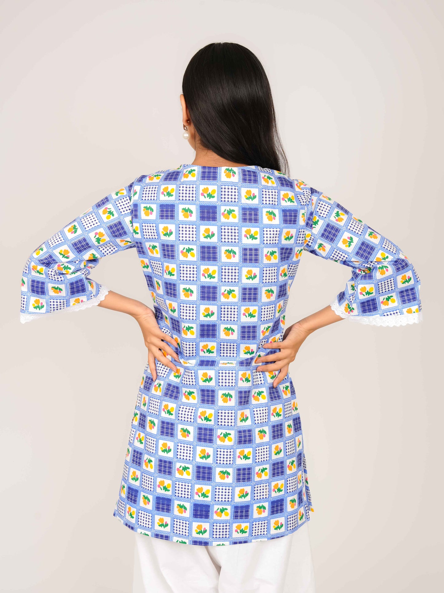 MONOMEE LAVYA BLUE GINGHAM BELL SLEEVE SHORT KURTI