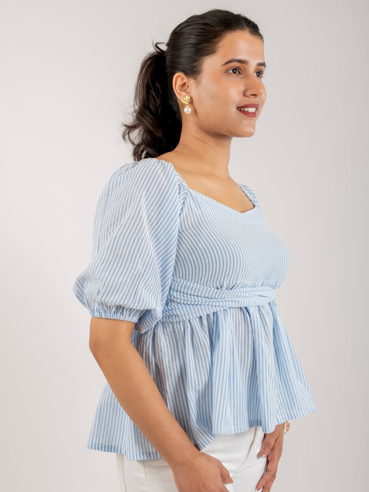 MONOMEE SOPHIA BLUE STRIPED PEPLUM TOP