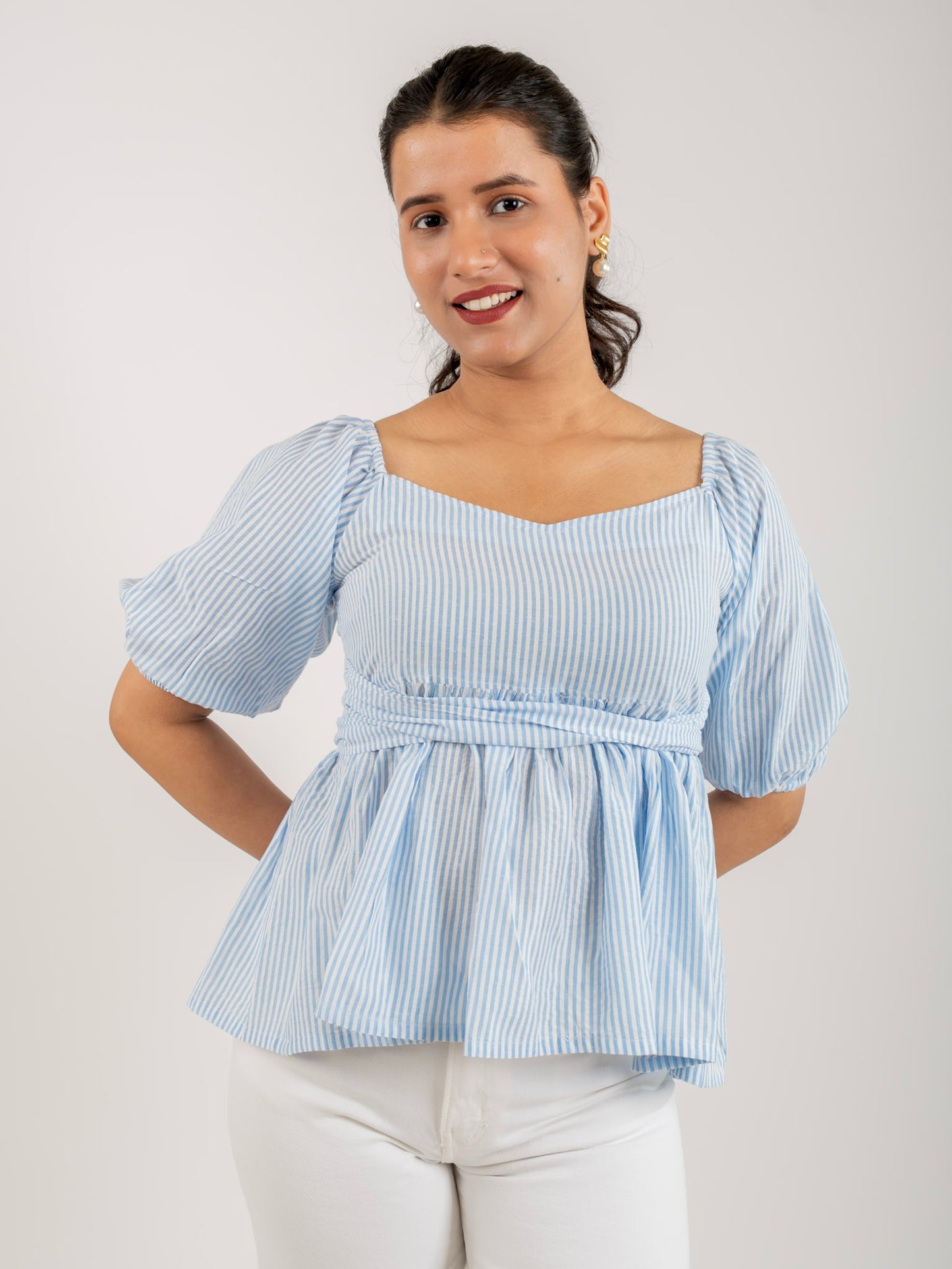 MONOMEE SOPHIA BLUE STRIPED PEPLUM TOP