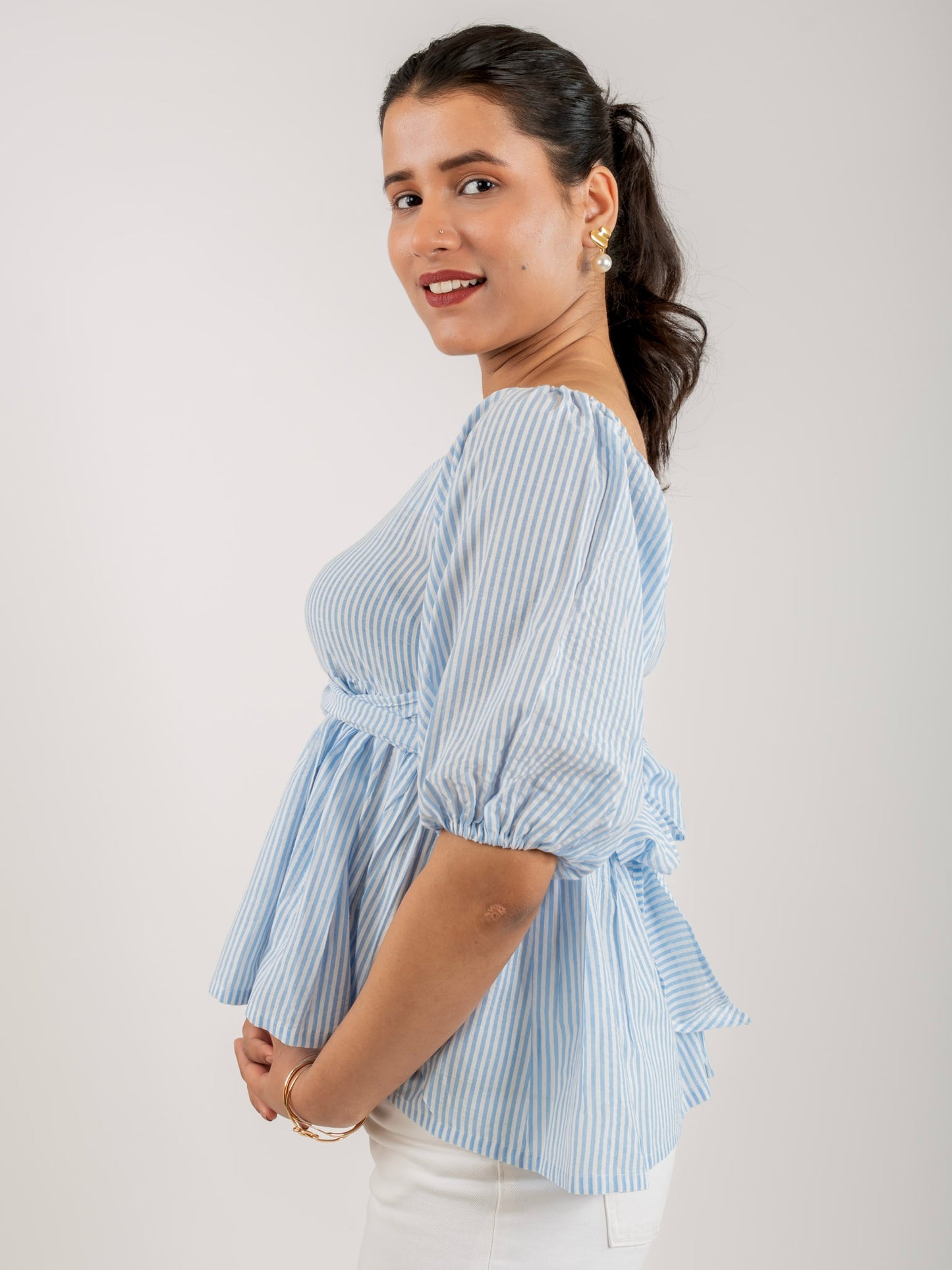 MONOMEE SOPHIA BLUE STRIPED PEPLUM TOP