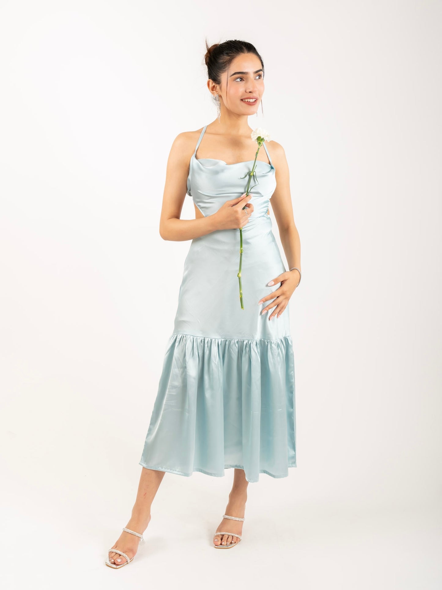 MONOMEE SABRINA BLUE BACKLESS SATIN DRESS