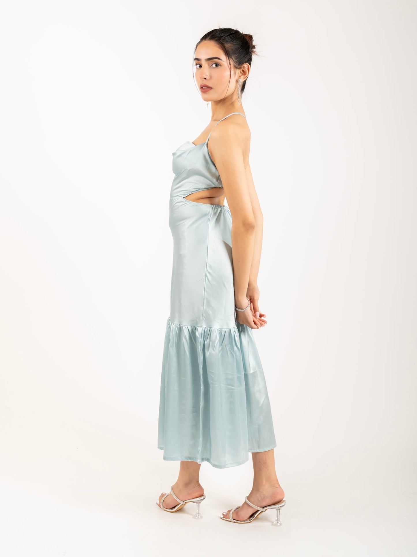 MONOMEE SABRINA BLUE BACKLESS SATIN DRESS