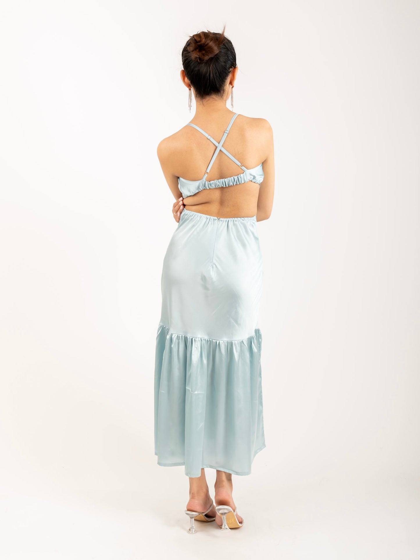 MONOMEE SABRINA BLUE BACKLESS SATIN DRESS