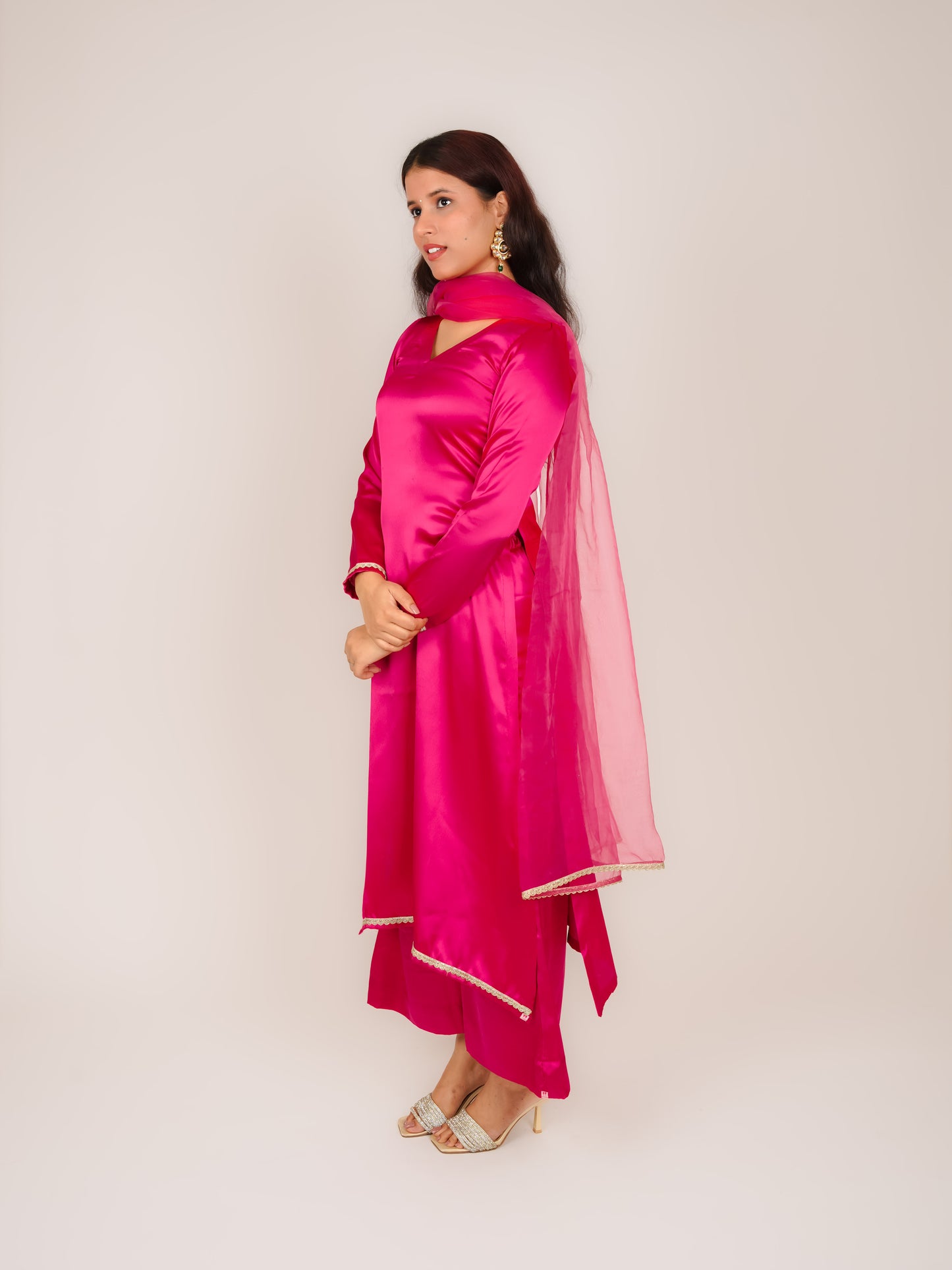 SAANVI PINK SATIN A-LINE KURTA WITH TROUSERS & DUPATTA