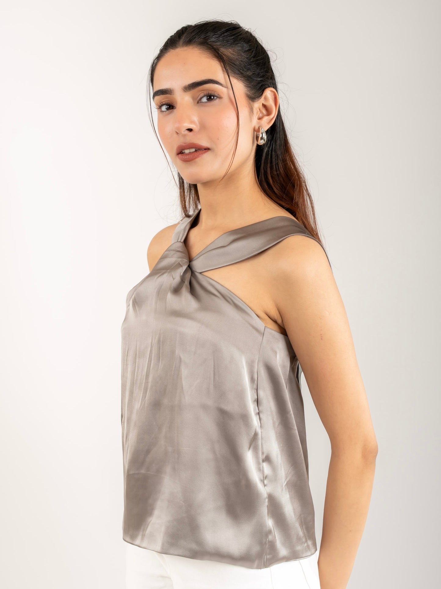 MONOMEE RITA GREY SATIN CRISS-CROSS NECK CROP TOP