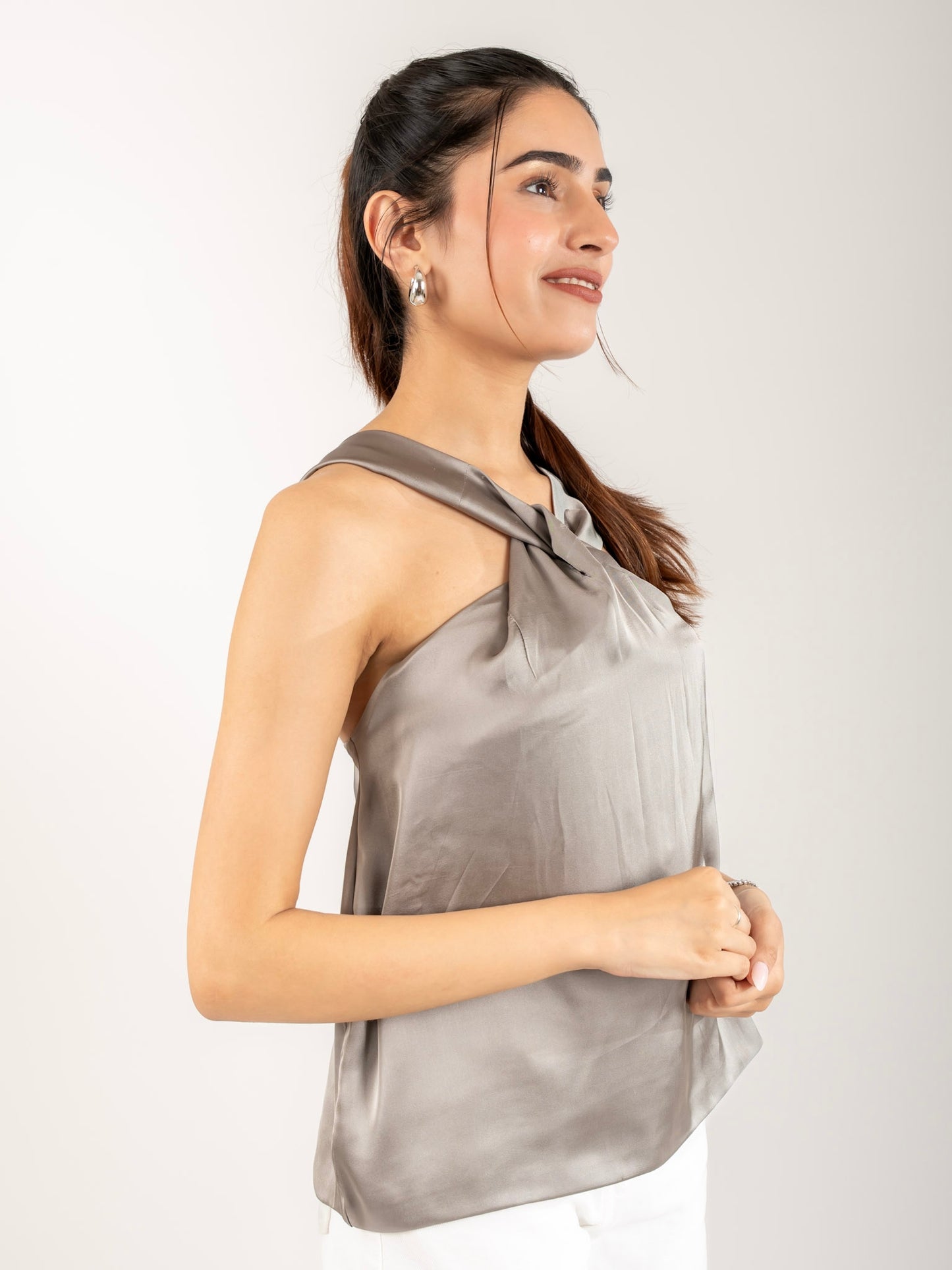 MONOMEE RITA GREY SATIN CRISS-CROSS NECK CROP TOP
