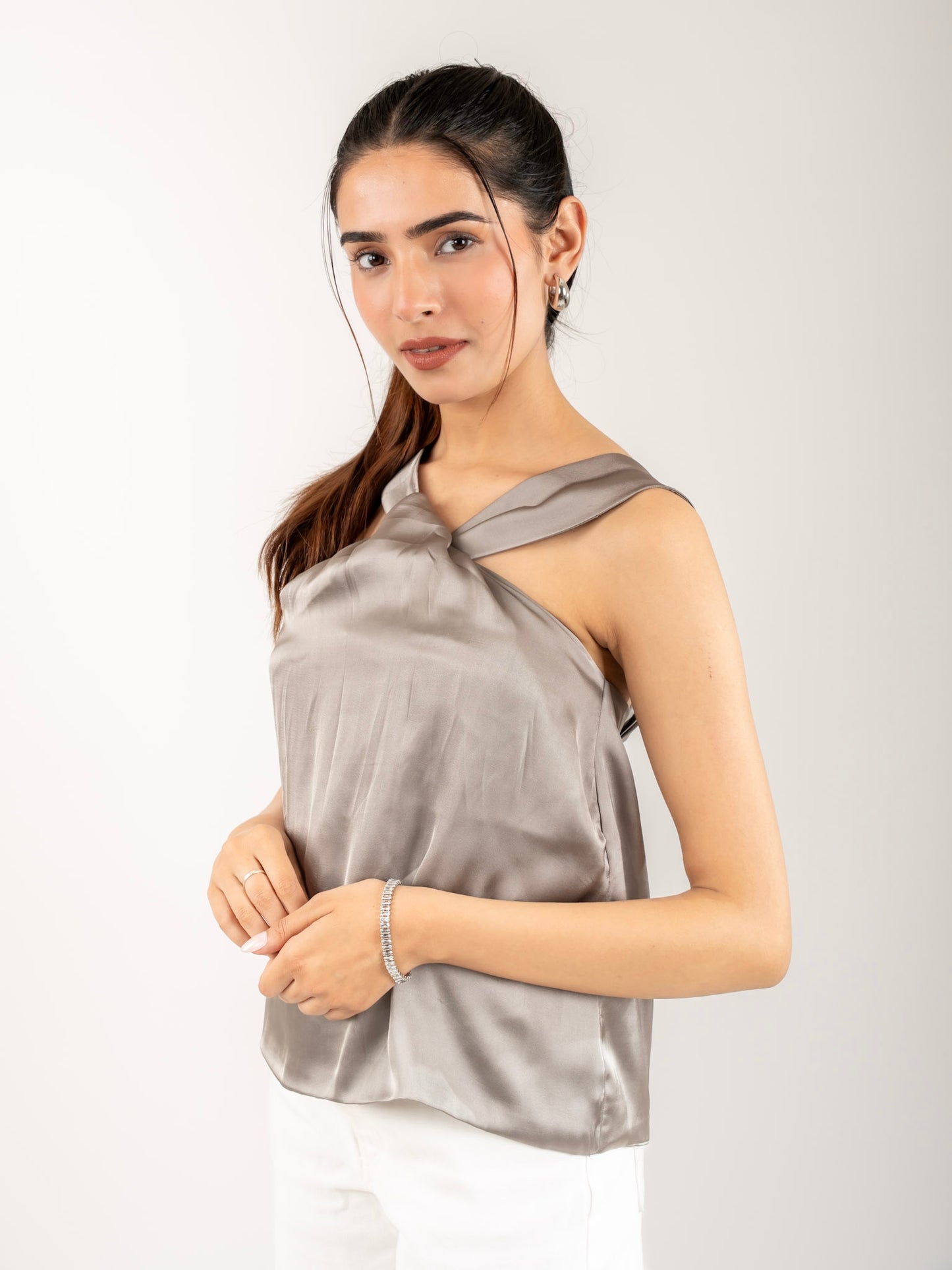 MONOMEE RITA GREY SATIN CRISS-CROSS NECK CROP TOP