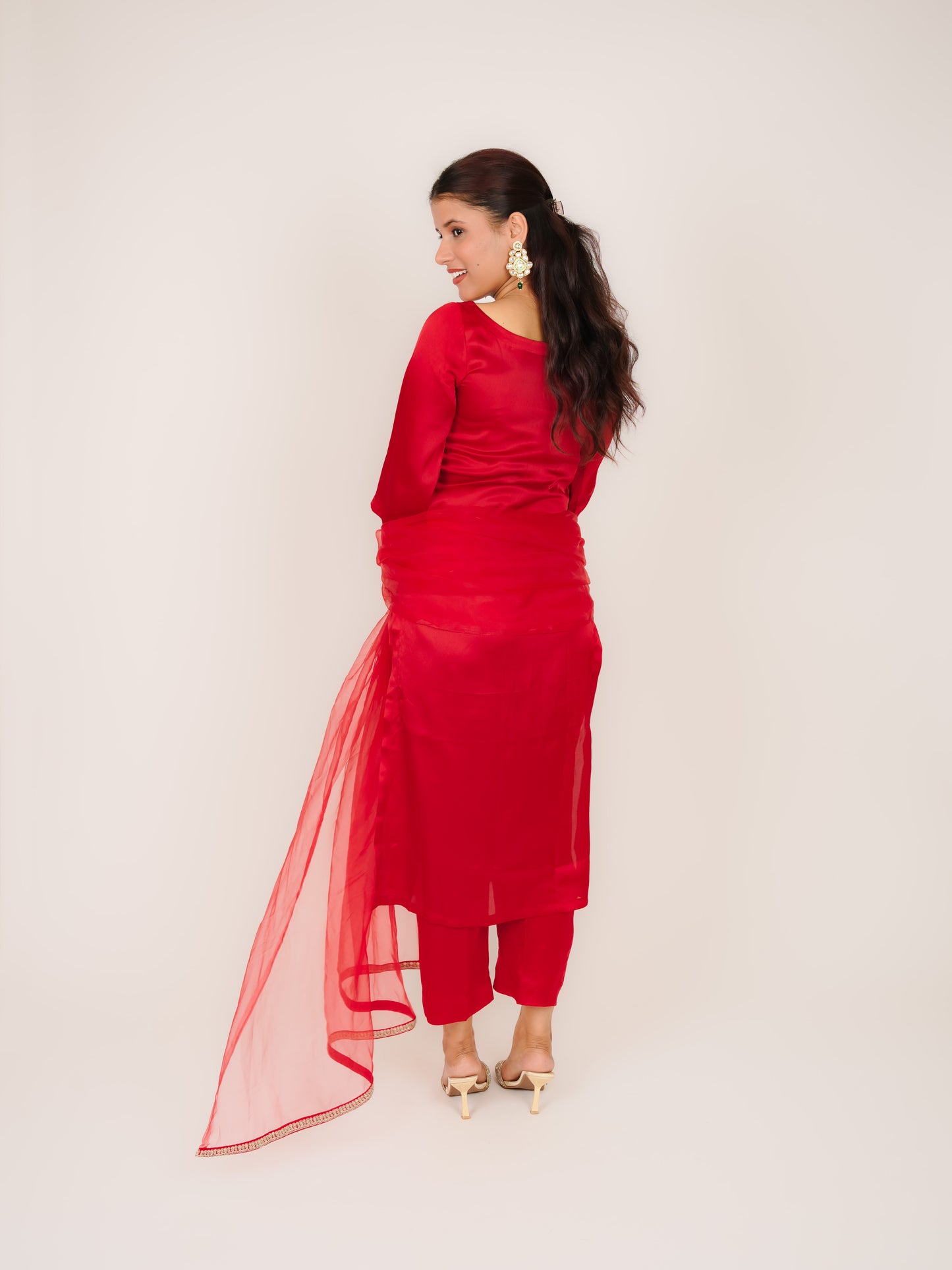 PRISHA RED SATIN SIDE LACE KURTA WITH TROUSERS & DUPATTA