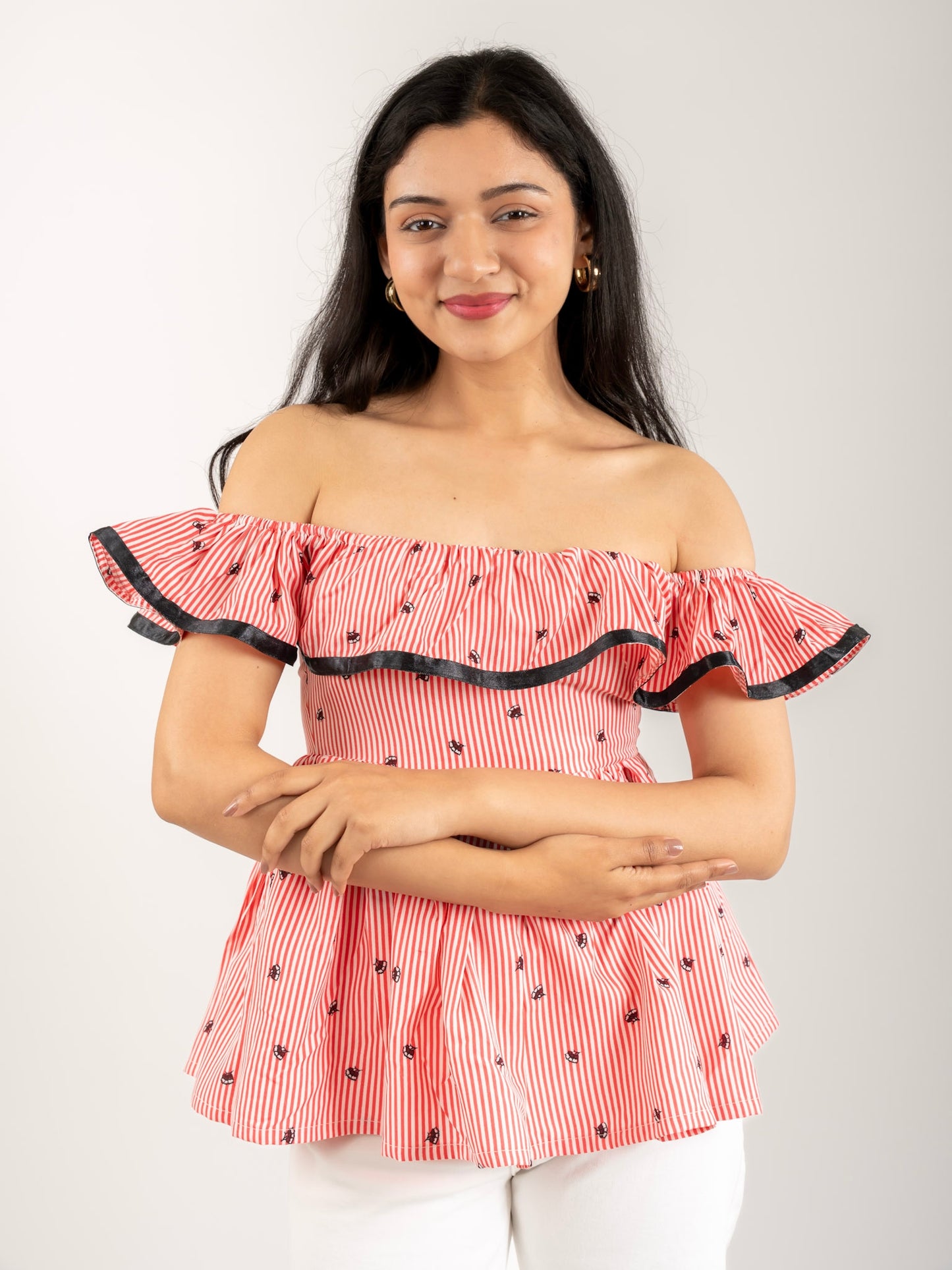 MONOMEE ASPEN STRIPED BARDOT TOP