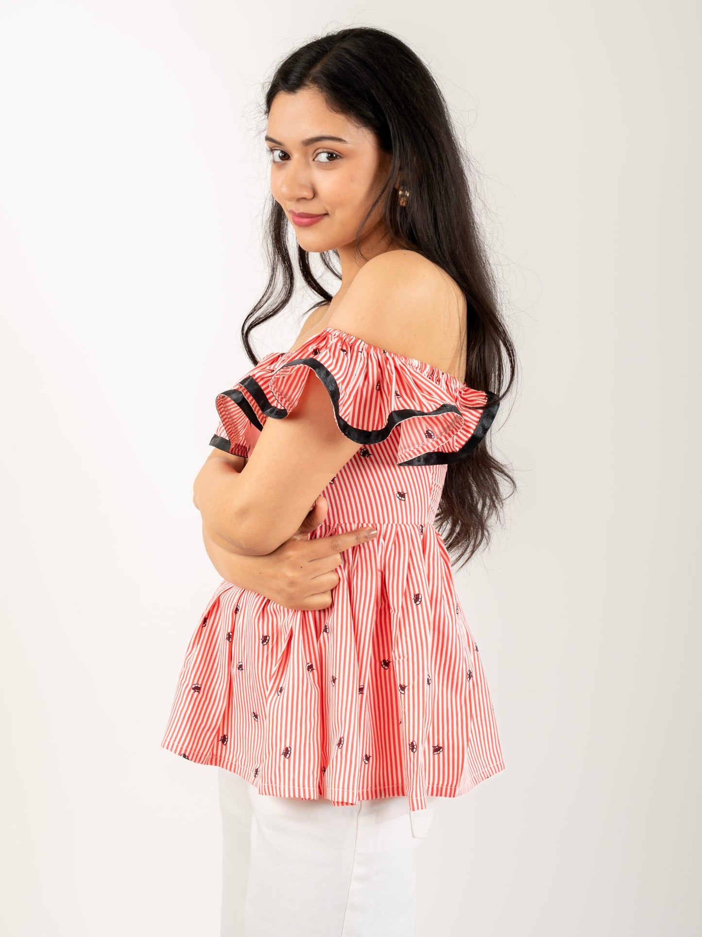 MONOMEE ASPEN STRIPED BARDOT TOP