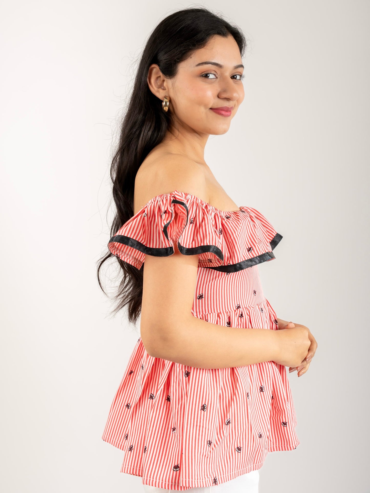 MONOMEE ASPEN STRIPED BARDOT TOP